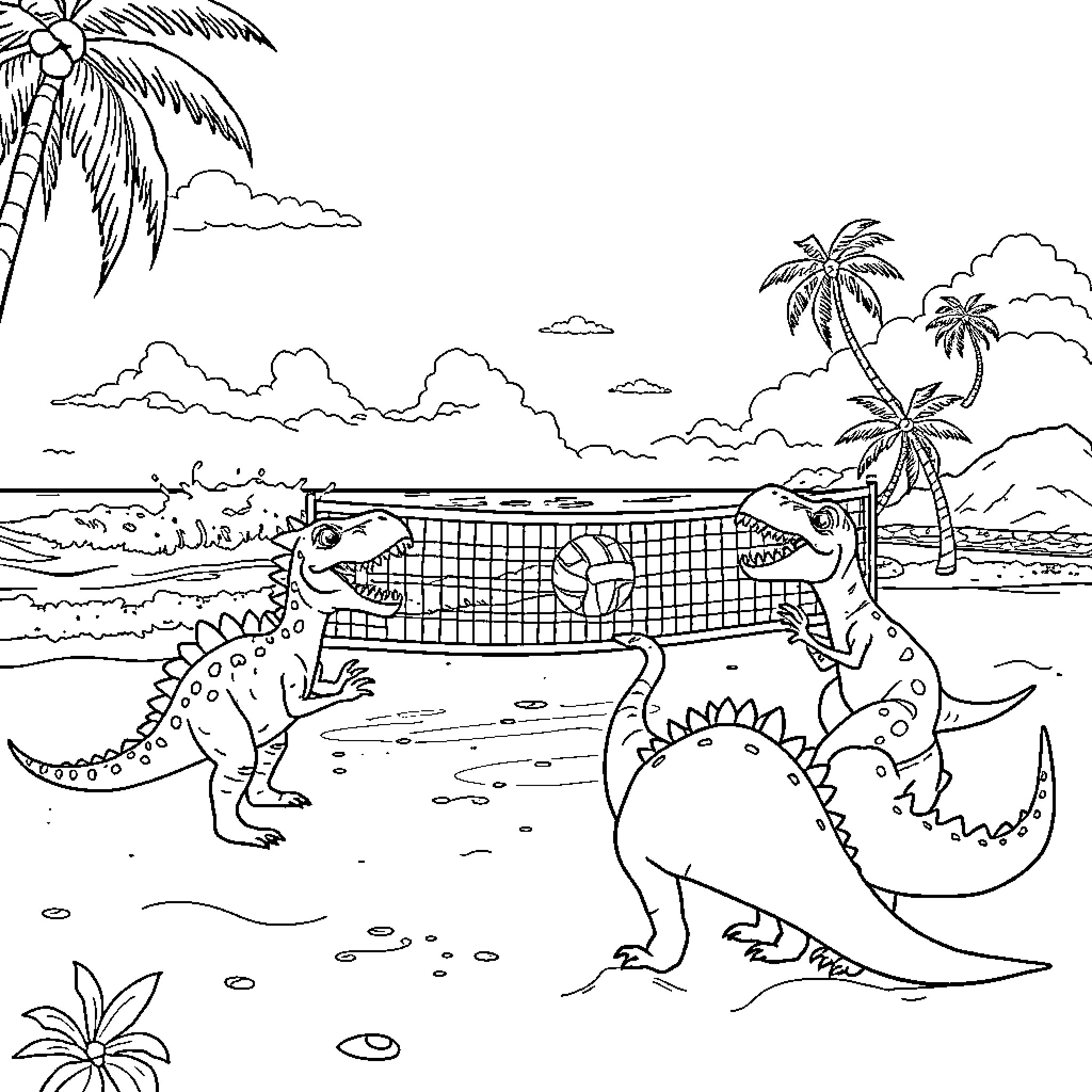 Dinosaurs playing volleyball on tropical beach Coloring Page (free black-and-white line drawing printable PDF for all, from beginners to advanced learners, including children, teens, adults, and seniors)