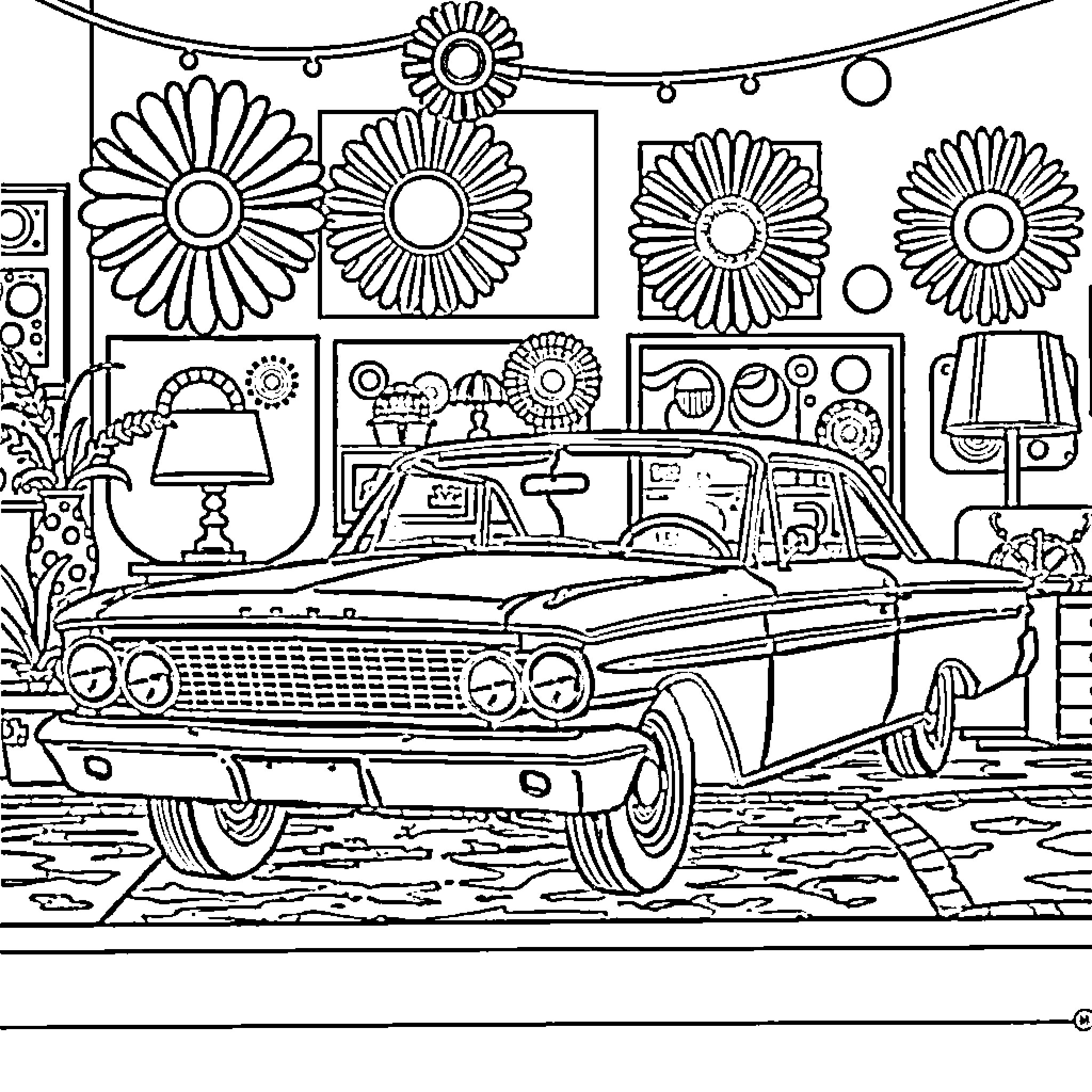 Ford Galaxie classic car in floral-decorated interior Coloring Page (free black-and-white line drawing printable PDF for all, from beginners to advanced learners, including children, teens, adults, and seniors)