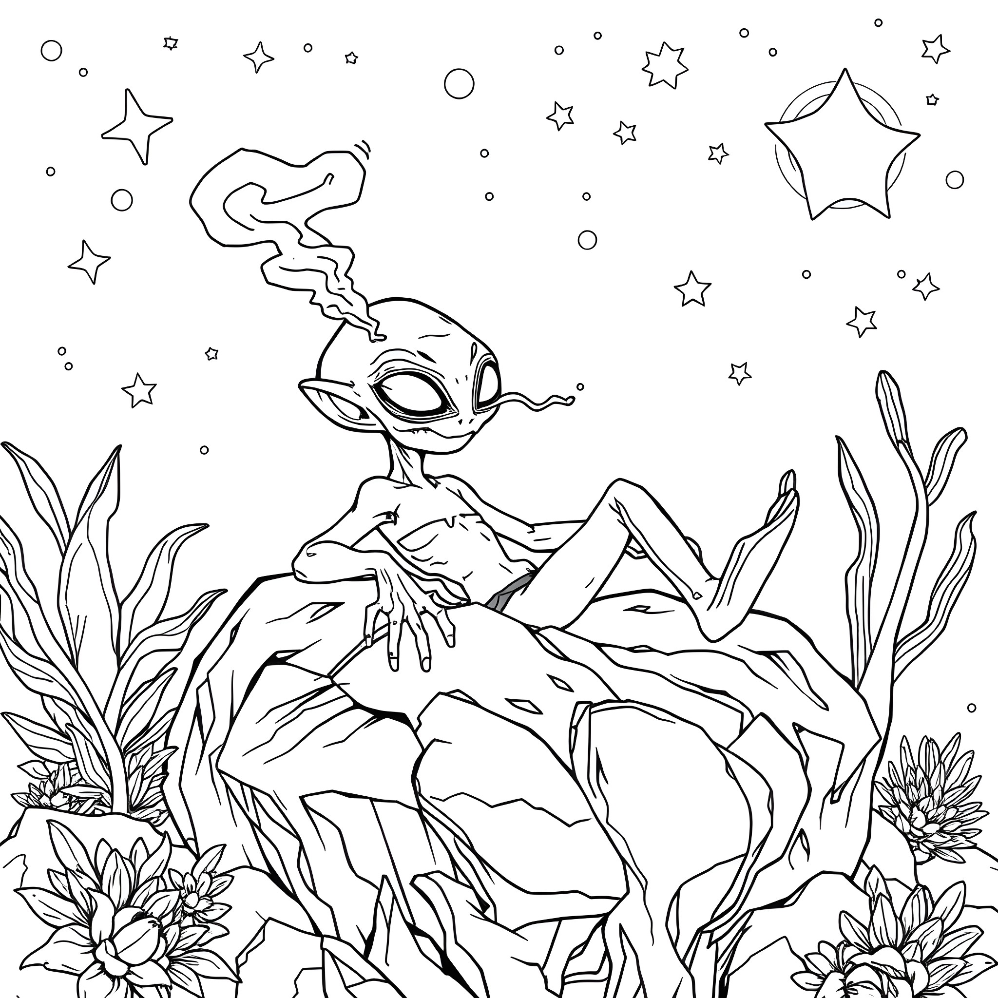Alien resting peacefully among the stars and flowers Coloring Page (free black-and-white line drawing printable PDF for all, from beginners to advanced learners, including children, teens, adults, and seniors)