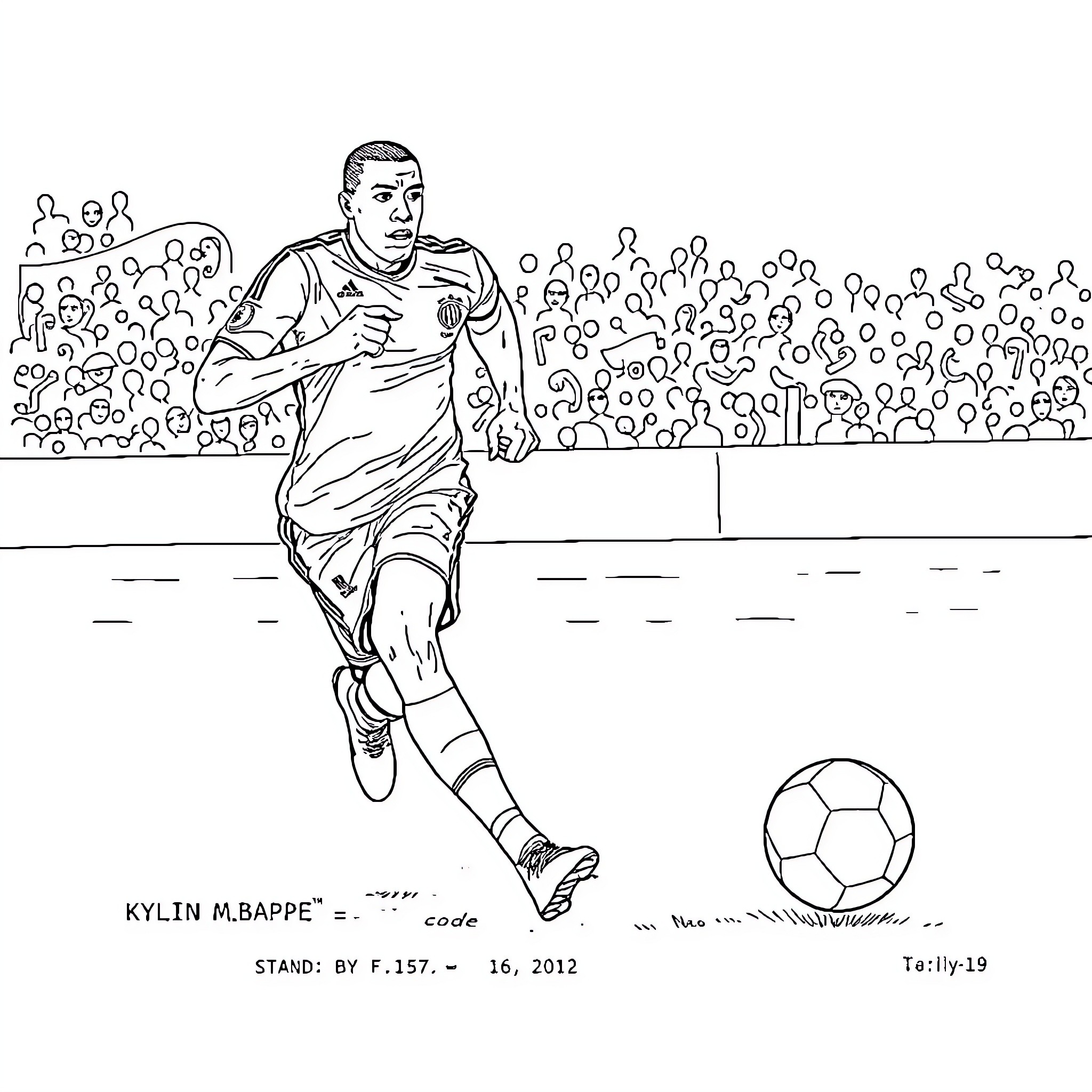 Kylian Mbappe running with the ball on the field Coloring Page (free black-and-white line drawing printable PDF for all, from beginners to advanced learners, including children, teens, adults, and seniors)