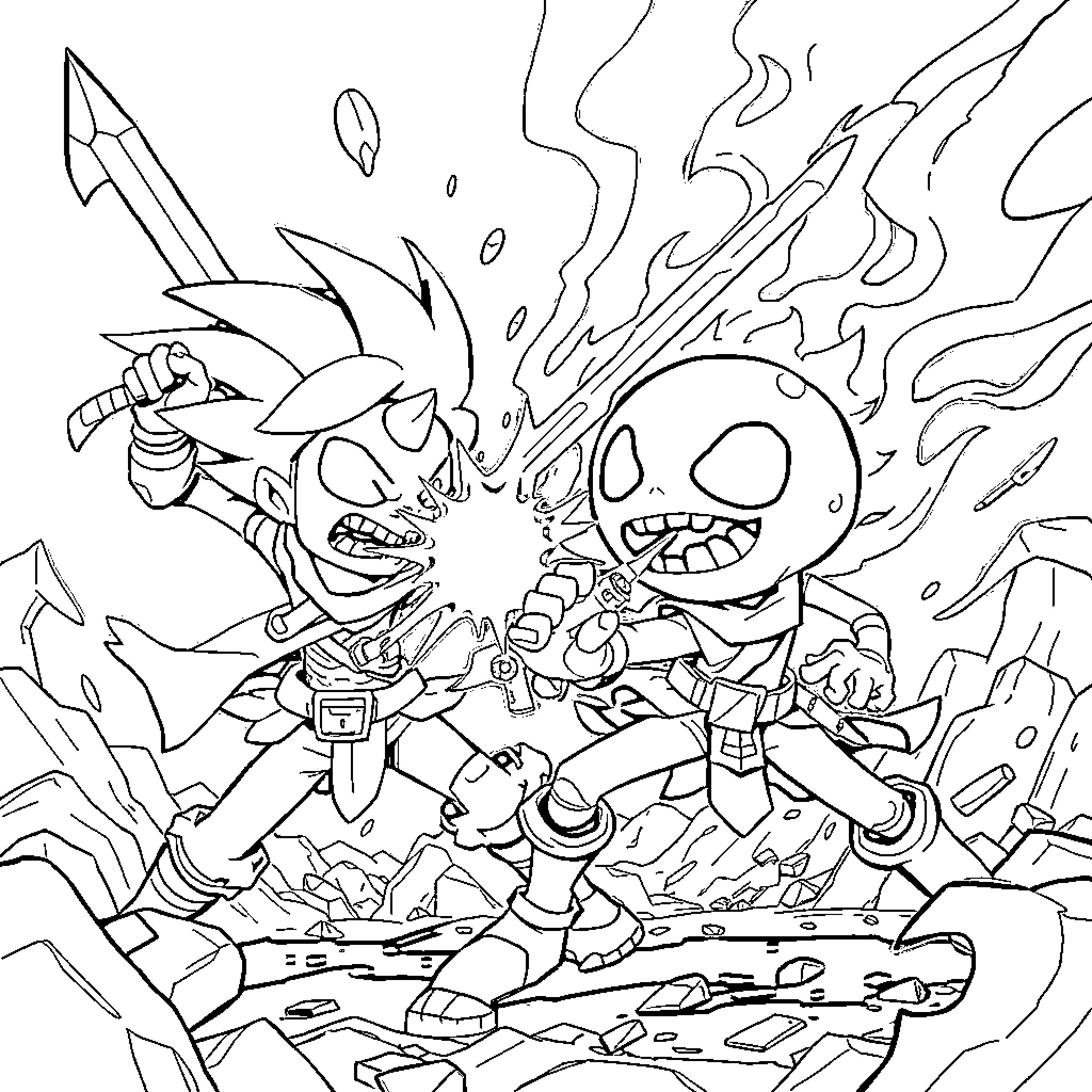 Zombie Warriors in Chaotic Battle Coloring Page (free black-and-white line drawing printable PDF for all, from beginners to advanced learners, including children, teens, adults, and seniors)