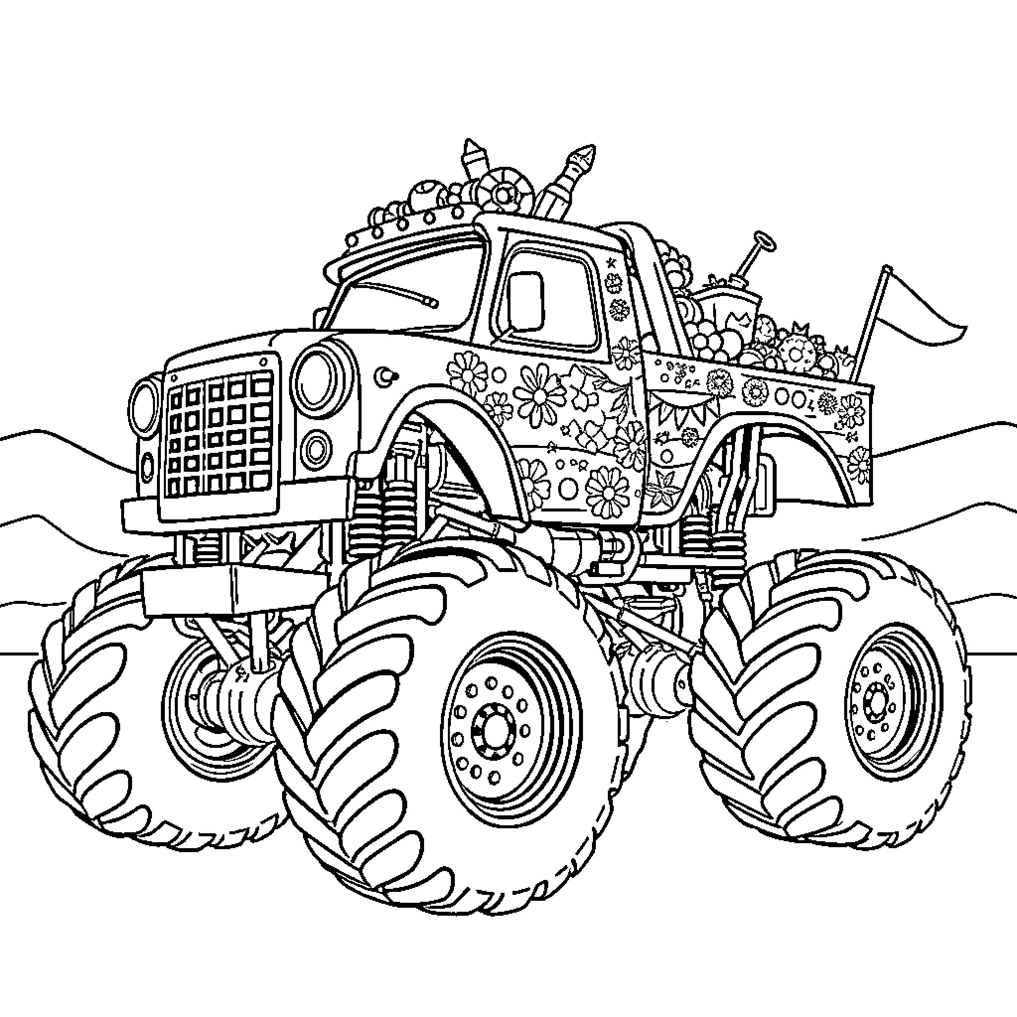 Monster Truck With Decorated Exterior and Accessories Coloring Page (free black-and-white line drawing printable PDF for all, from beginners to advanced learners, including children, teens, adults, and seniors)
