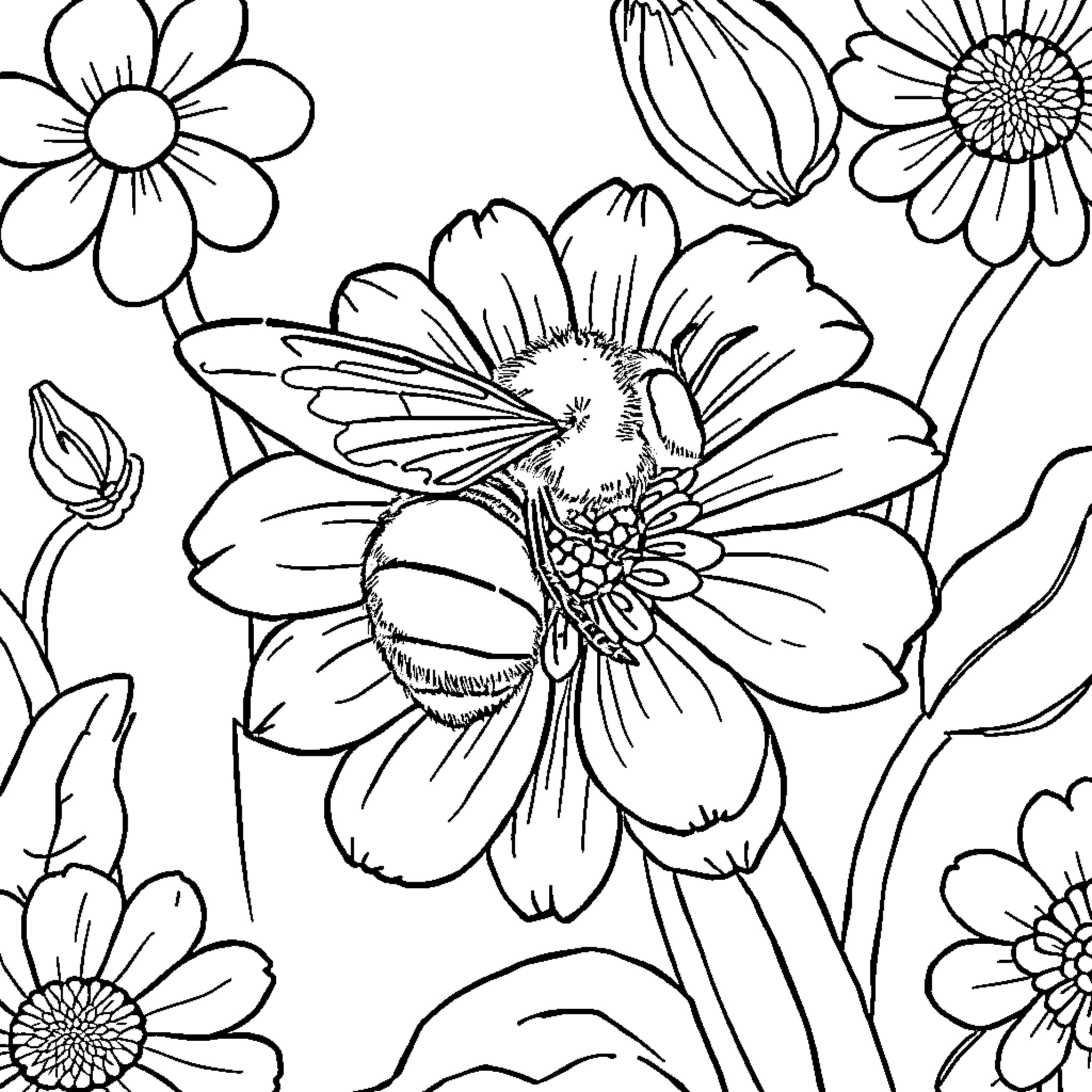 Bee pollinating vibrant floral garden Coloring Page (free black-and-white line drawing printable PDF for all, from beginners to advanced learners, including children, teens, adults, and seniors)