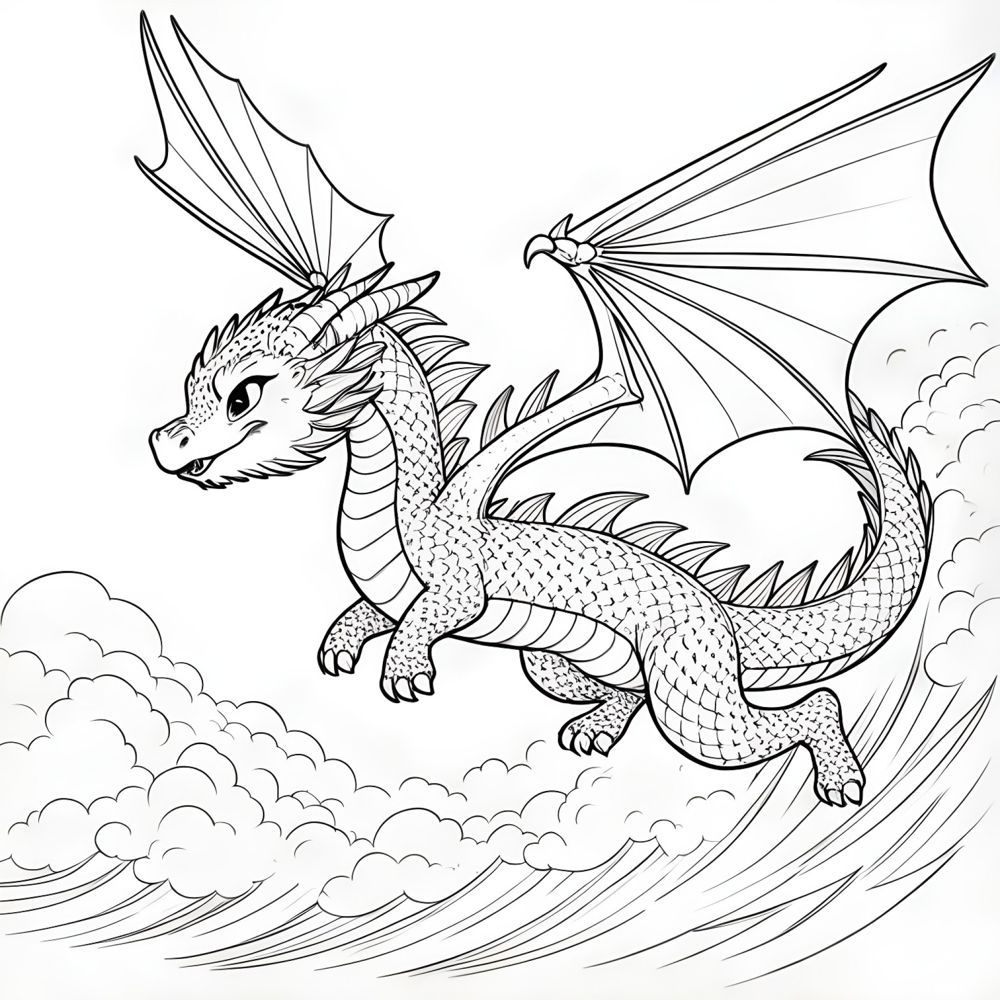 Dragon flying high Coloring Page (free black-and-white line drawing printable PDF for all, from beginners to advanced learners, including children, teens, adults, and seniors)