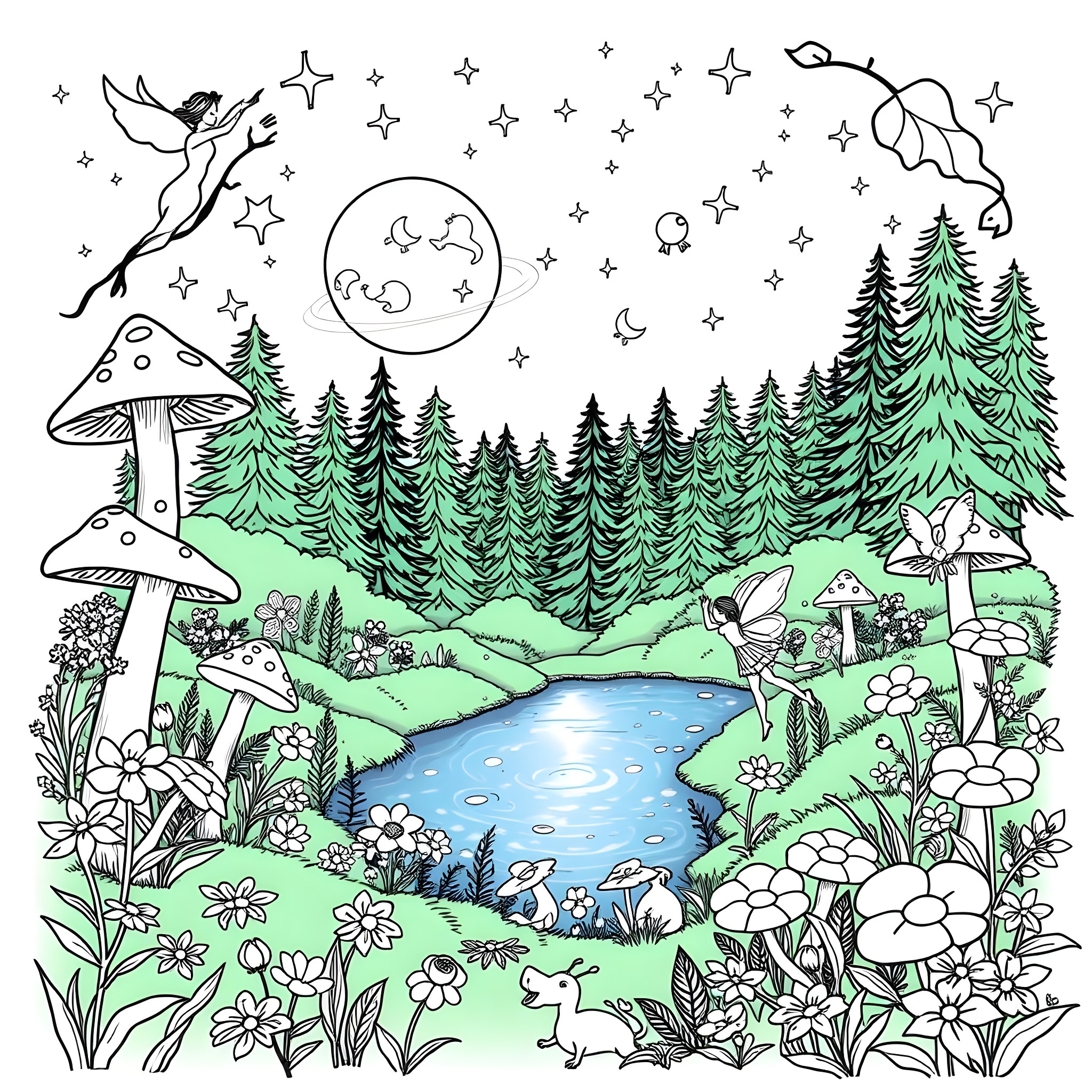 Fairy creatures in a magical forest landscape Coloring Page (free black-and-white line drawing printable PDF for all, from beginners to advanced learners, including children, teens, adults, and seniors)