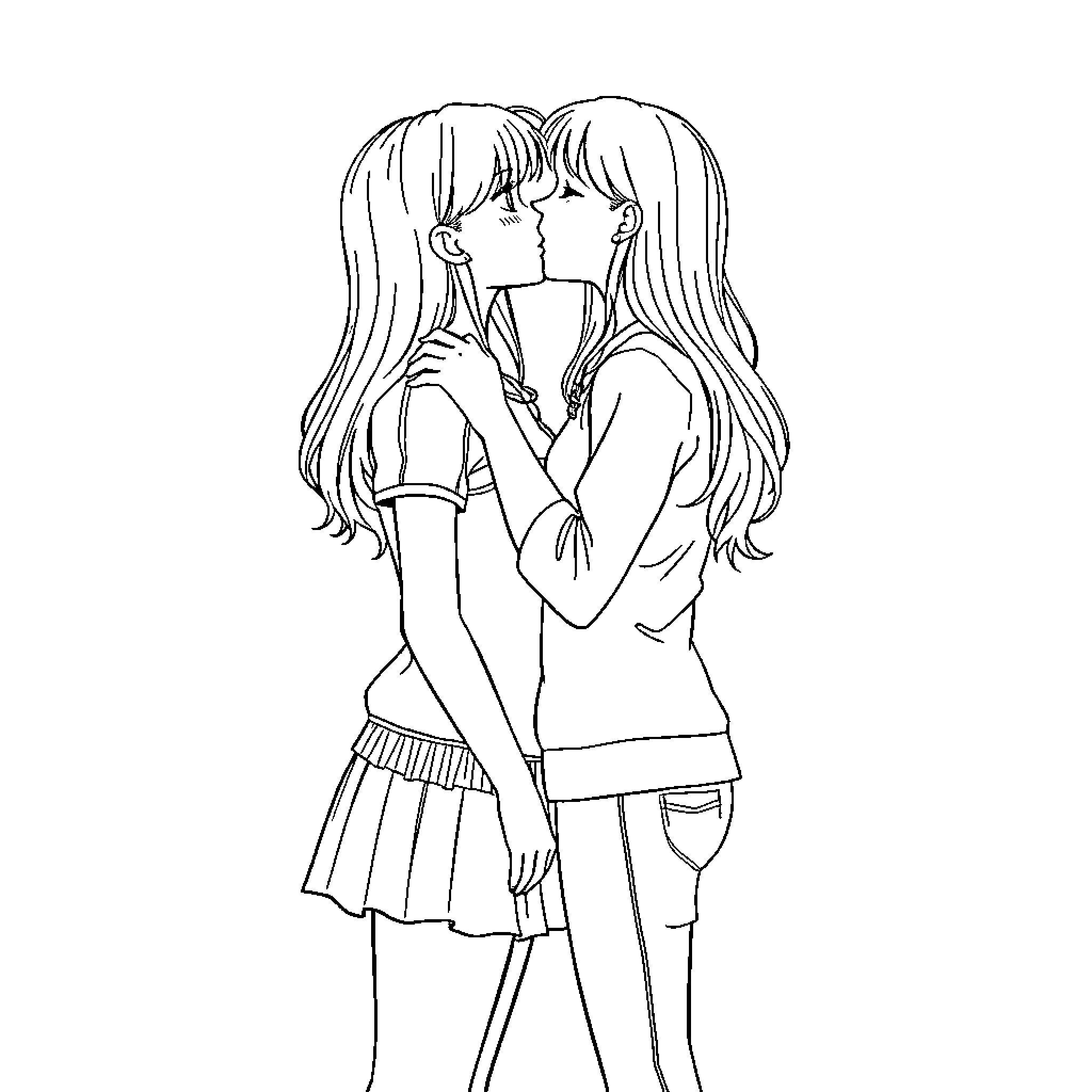 Girls embracing in tender moment Coloring Page (free black-and-white line drawing printable PDF for all, from beginners to advanced learners, including children, teens, adults, and seniors)
