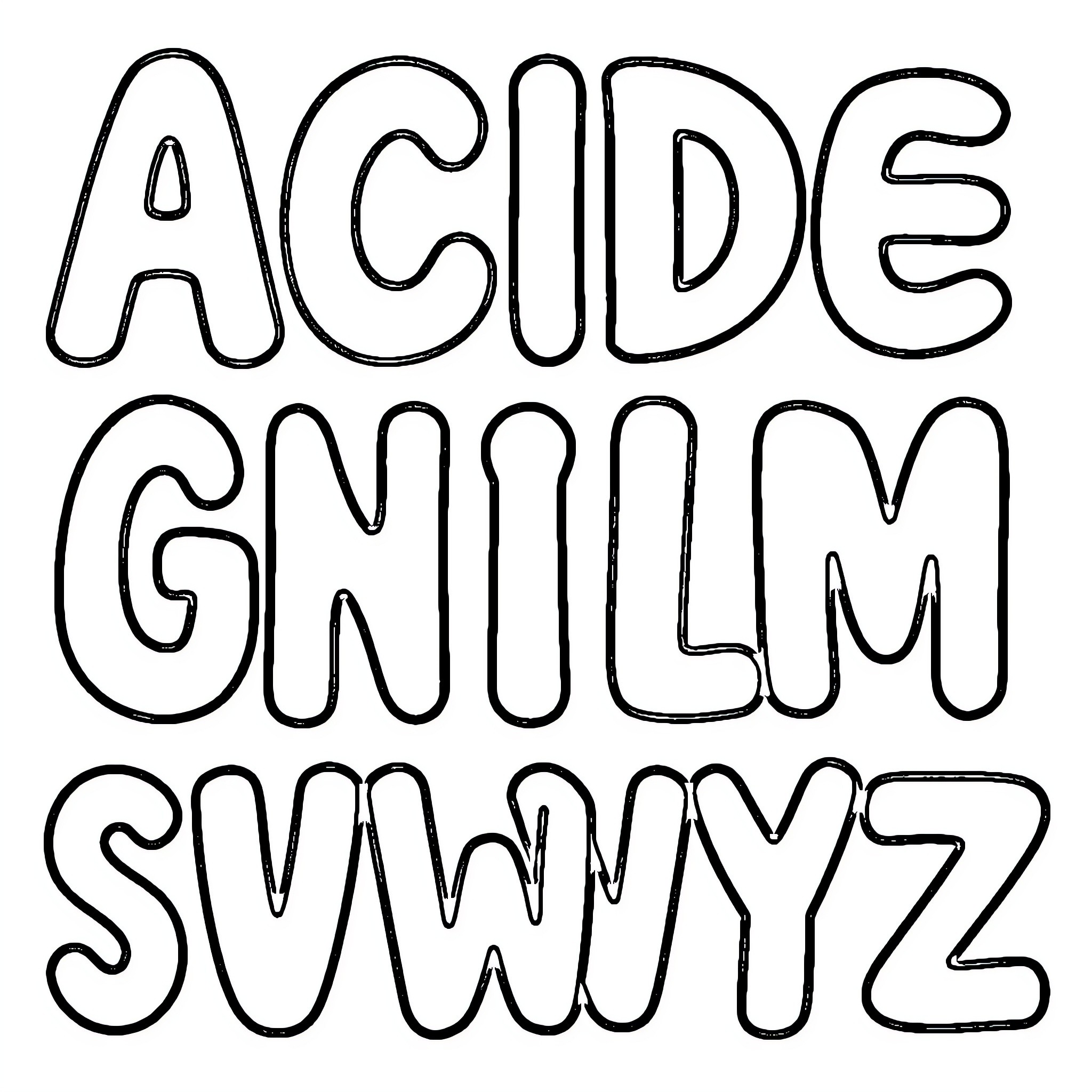 Alphabet letters in simple outline style Coloring Page (free black-and-white line drawing printable PDF for all, from beginners to advanced learners, including children, teens, adults, and seniors)