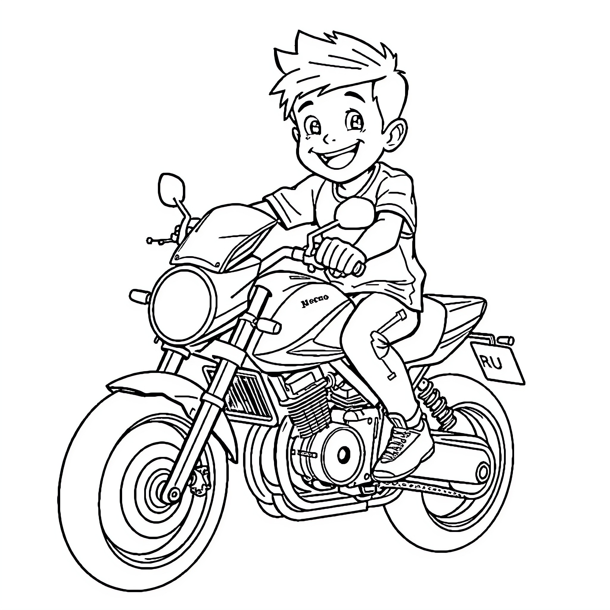Boy riding motorcycle with joy Coloring Page (free black-and-white line drawing printable PDF for all, from beginners to advanced learners, including children, teens, adults, and seniors)