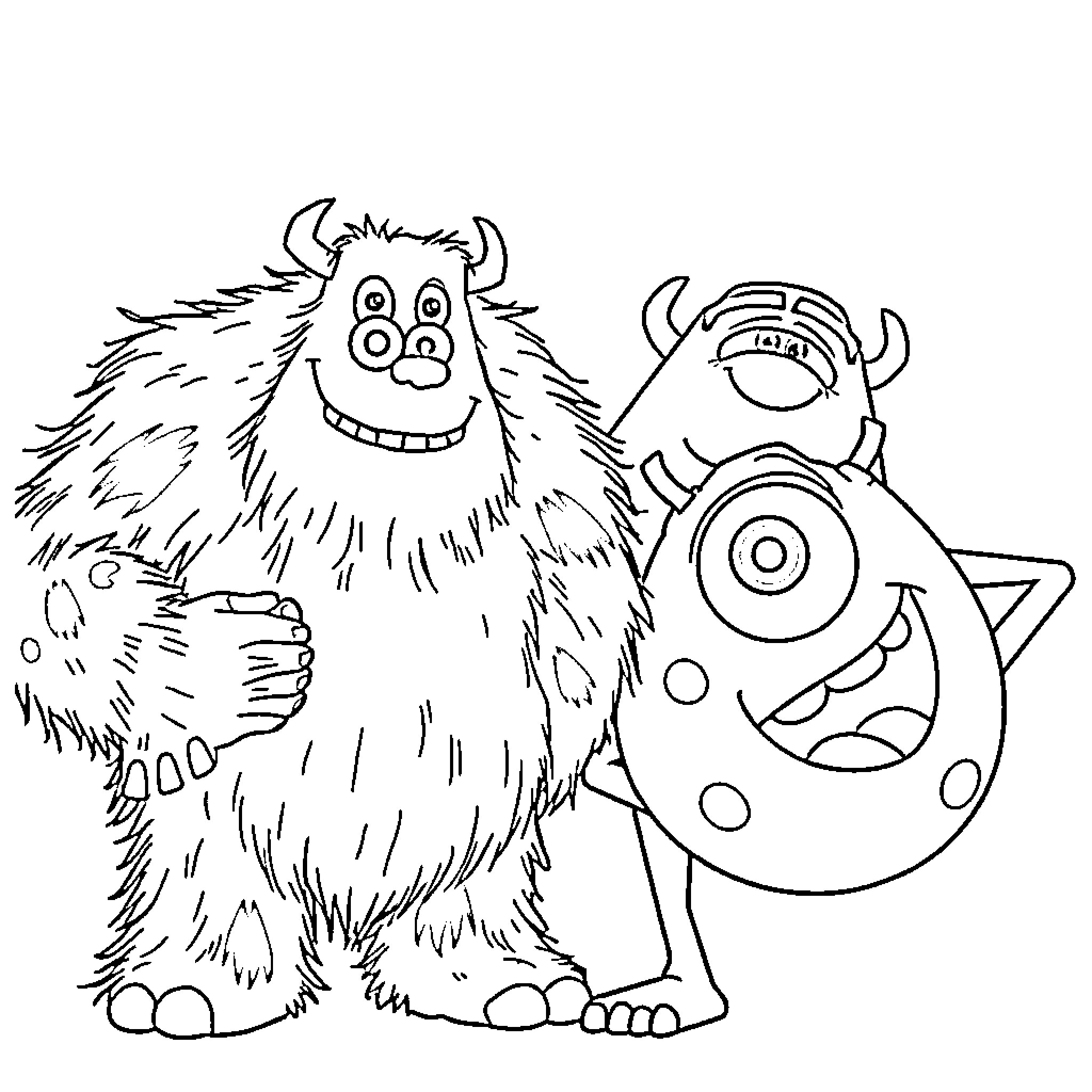 Monster friends posing playfully Coloring Page (free black-and-white line drawing printable PDF for all, from beginners to advanced learners, including children, teens, adults, and seniors)