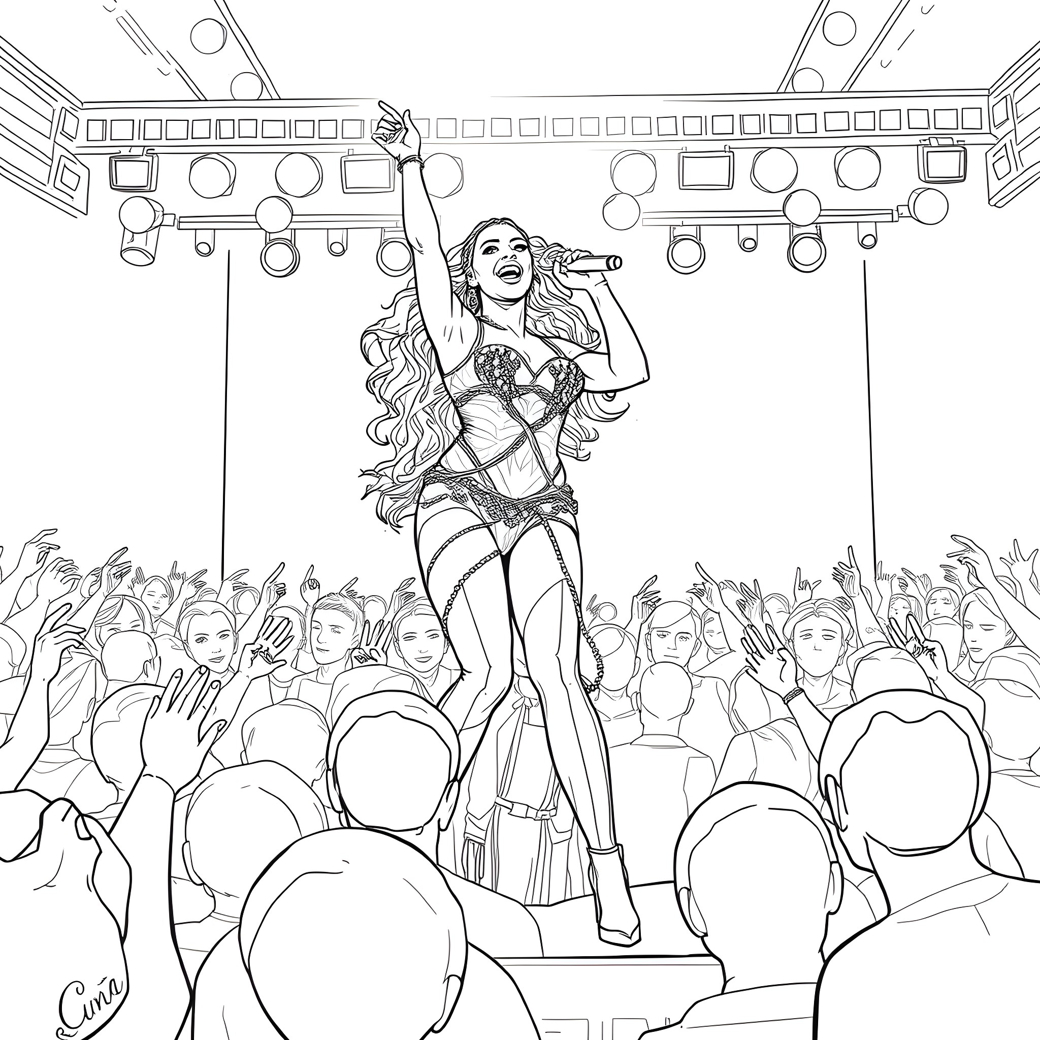 Beyonce performing on stage with energy and passion Coloring Page (free black-and-white line drawing printable PDF for all, from beginners to advanced learners, including children, teens, adults, and seniors)