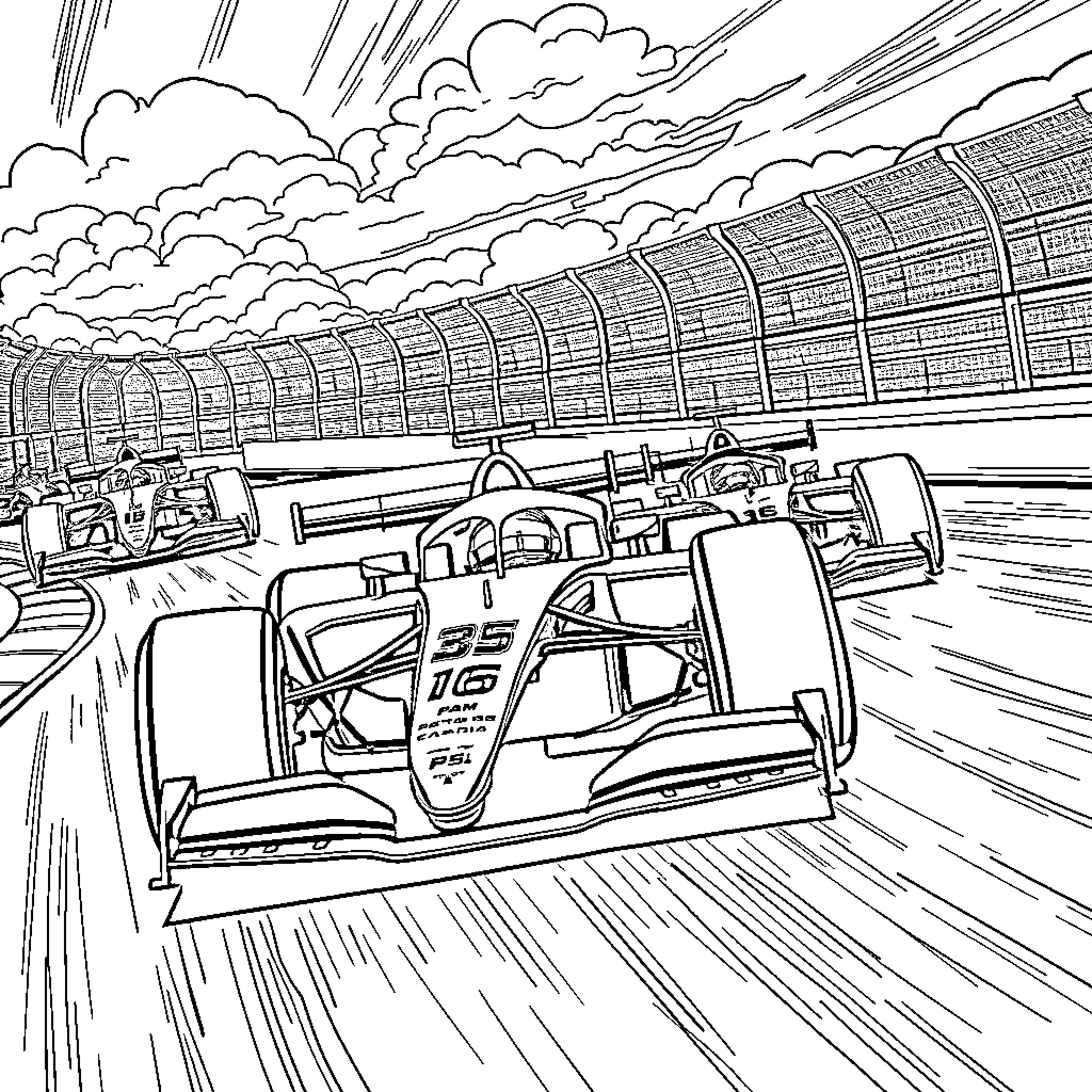 F1 Racing Cars Speeding on the Track Coloring Page (free black-and-white line drawing printable PDF for all, from beginners to advanced learners, including children, teens, adults, and seniors)