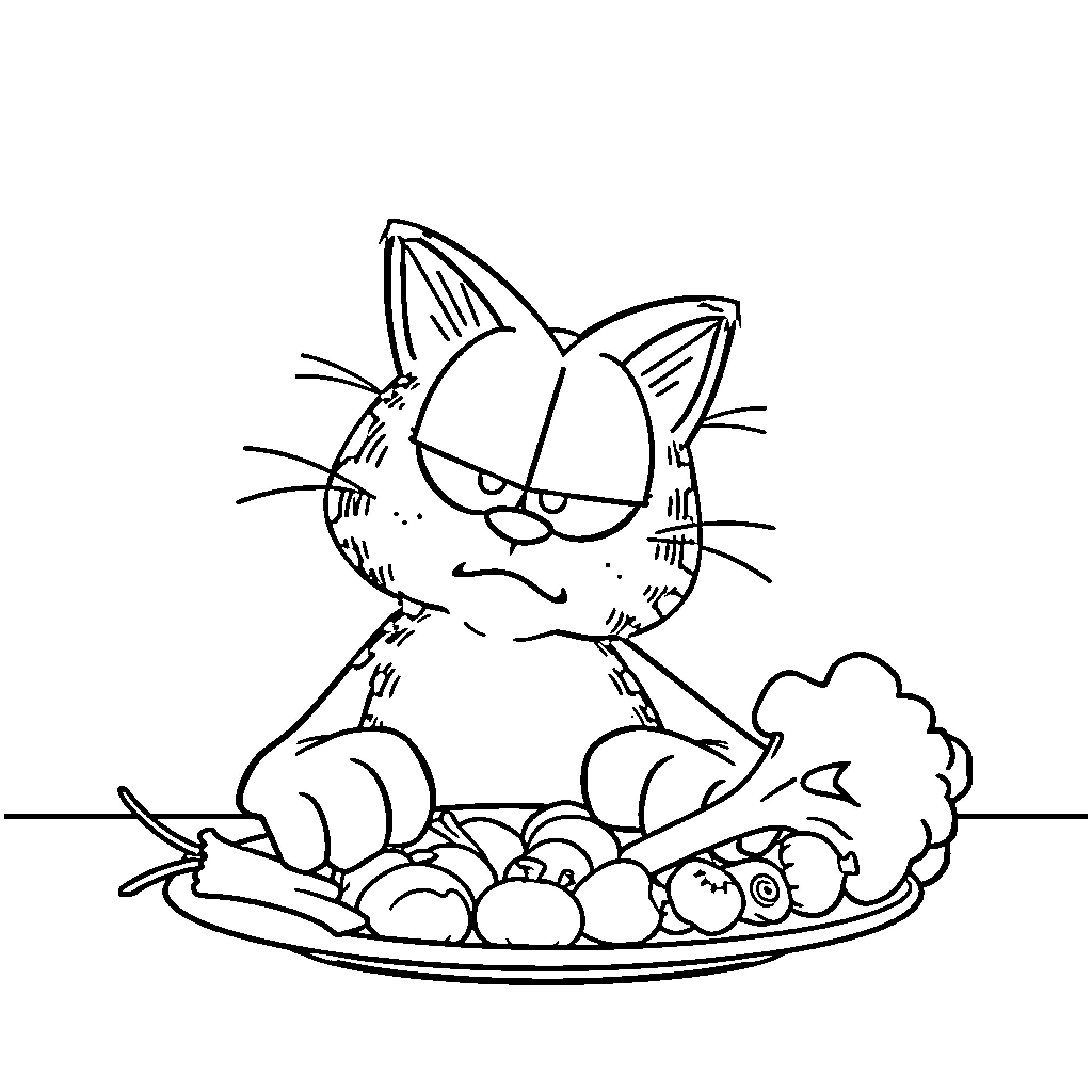 Garfield feasting on a plate of food Coloring Page (free black-and-white line drawing printable PDF for all, from beginners to advanced learners, including children, teens, adults, and seniors)