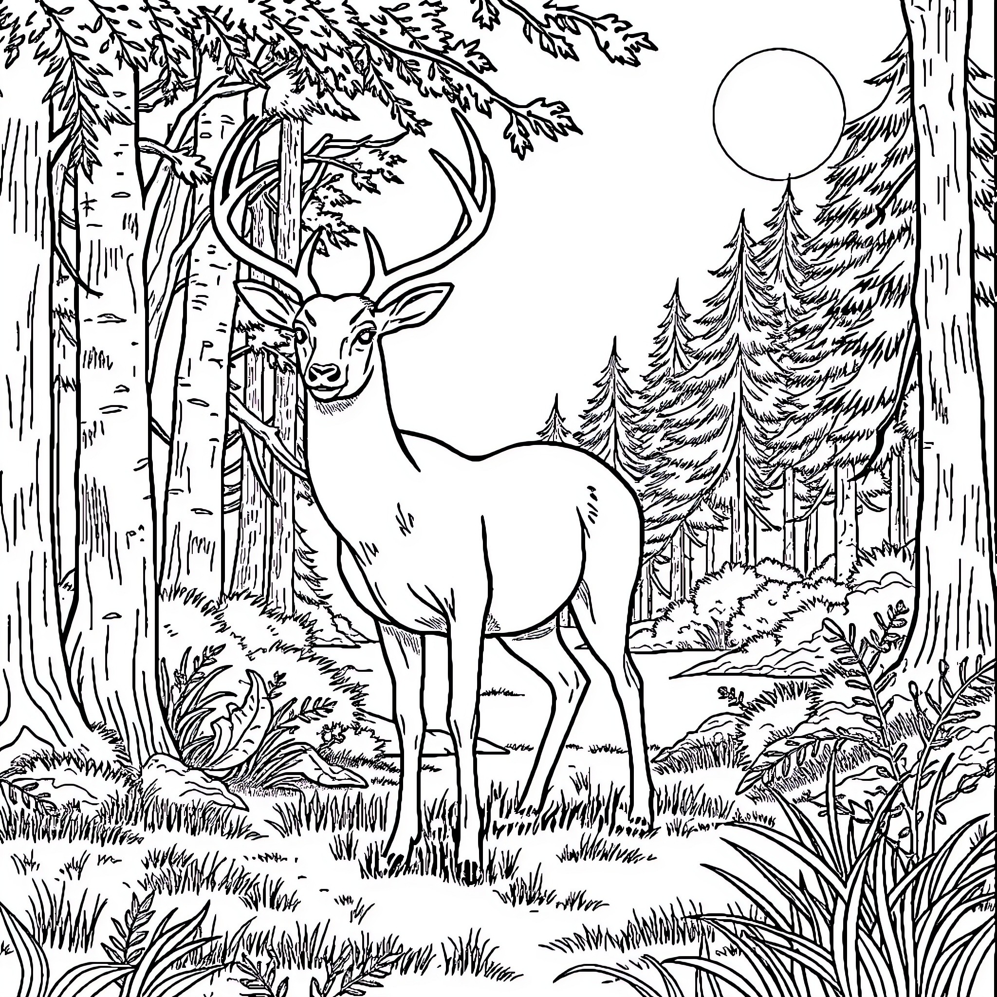 Deer standing majestically in the serene forest Coloring Page (free black-and-white line drawing printable PDF for all, from beginners to advanced learners, including children, teens, adults, and seniors)
