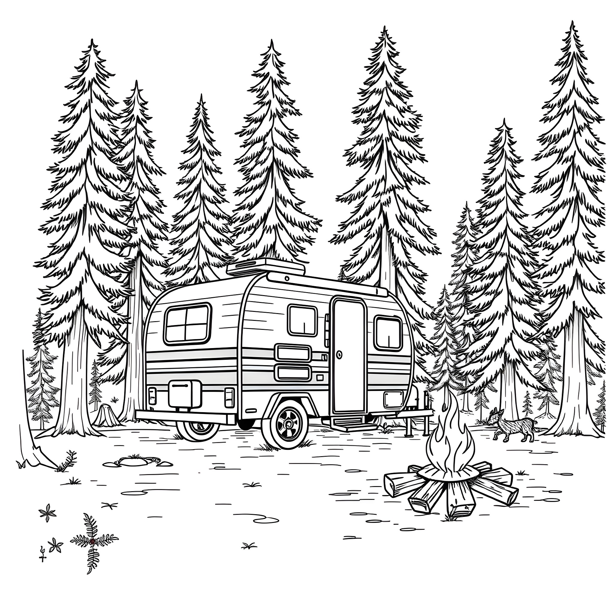 Trailer camping in a snowy forest Coloring Page (free black-and-white line drawing printable PDF for all, from beginners to advanced learners, including children, teens, adults, and seniors)