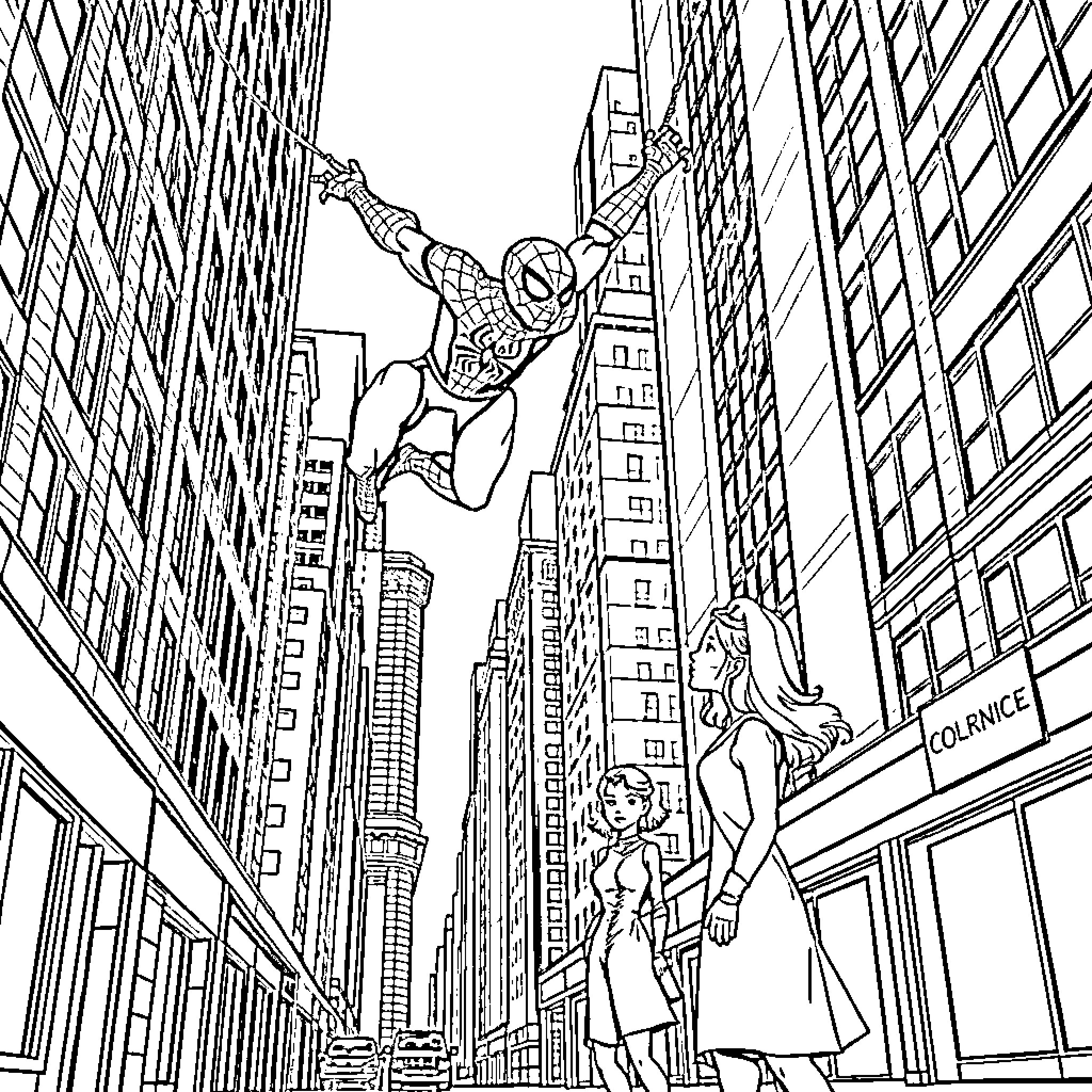 Spider-Man swinging through the city with people below Coloring Page (free black-and-white line drawing printable PDF for all, from beginners to advanced learners, including children, teens, adults, and seniors)
