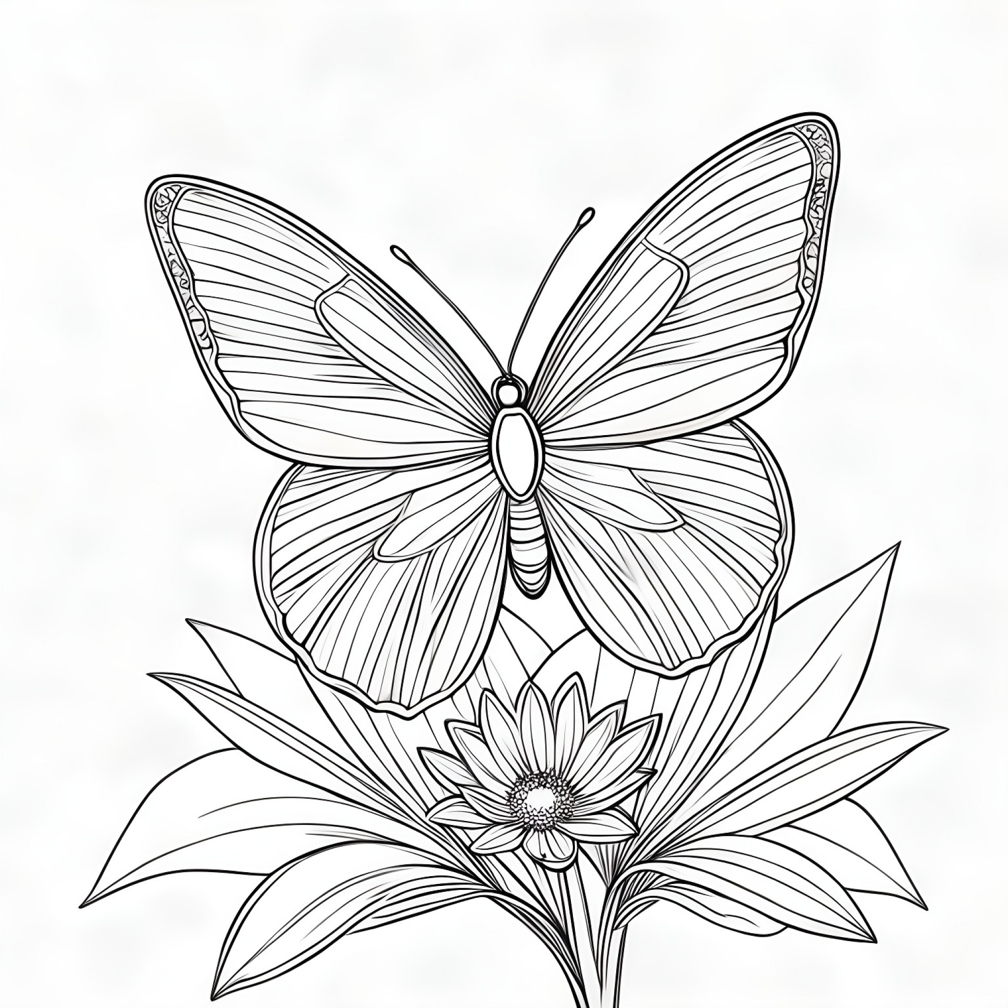 Butterfly on flower Coloring Page (free black-and-white line drawing printable PDF for all, from beginners to advanced learners, including children, teens, adults, and seniors)