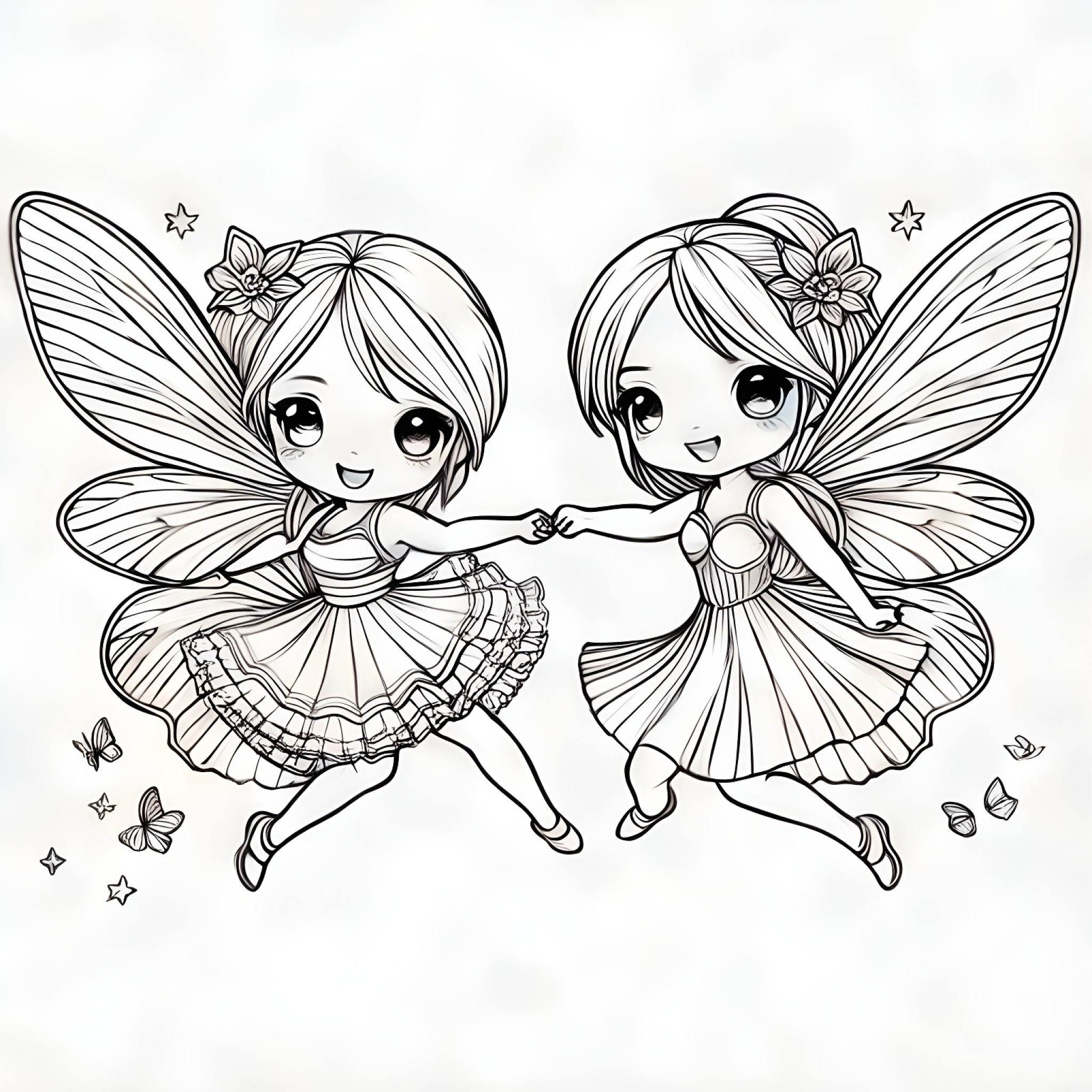 Butterflies as fairies Coloring Page (free black-and-white line drawing printable PDF for all, from beginners to advanced learners, including children, teens, adults, and seniors)