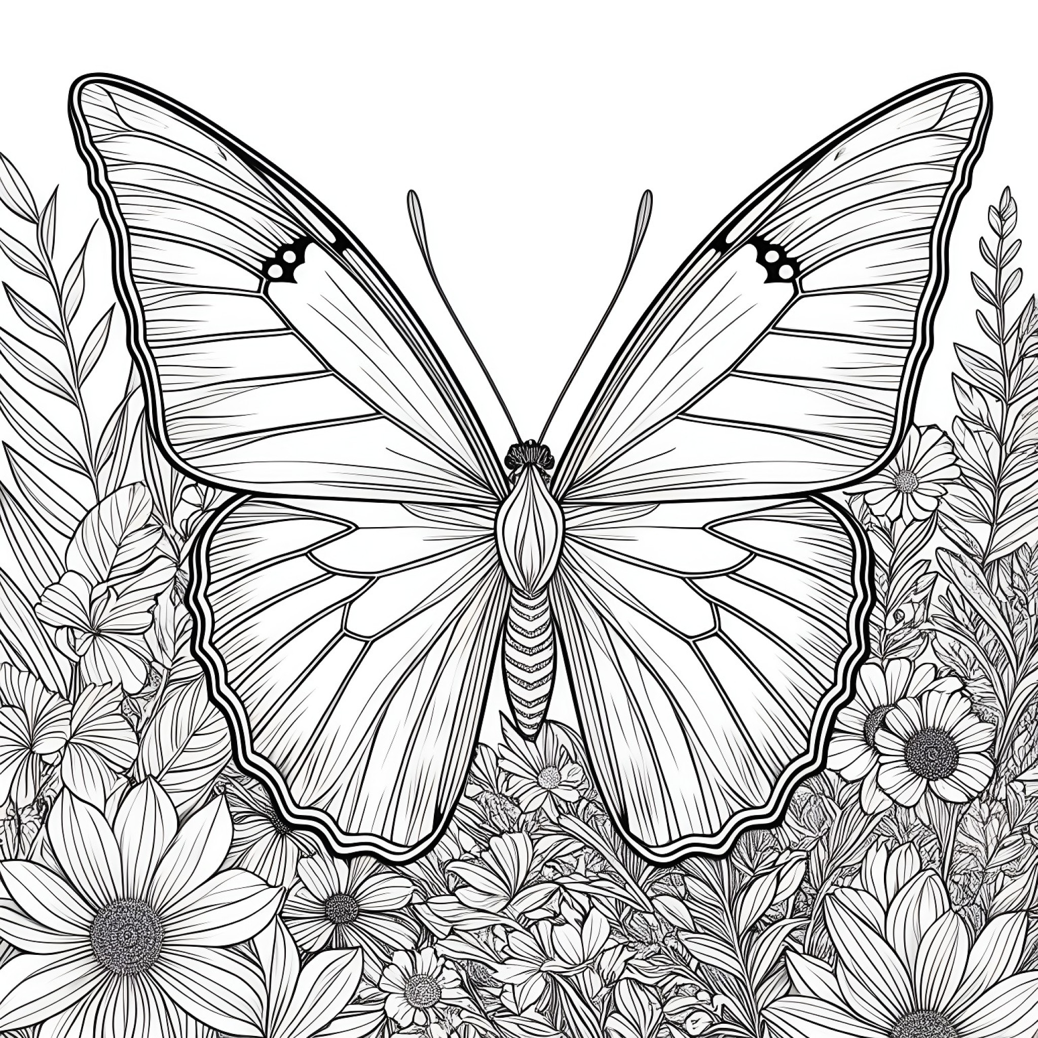 Butterfly in nature Coloring Page (free black-and-white line drawing printable PDF for all, from beginners to advanced learners, including children, teens, adults, and seniors)