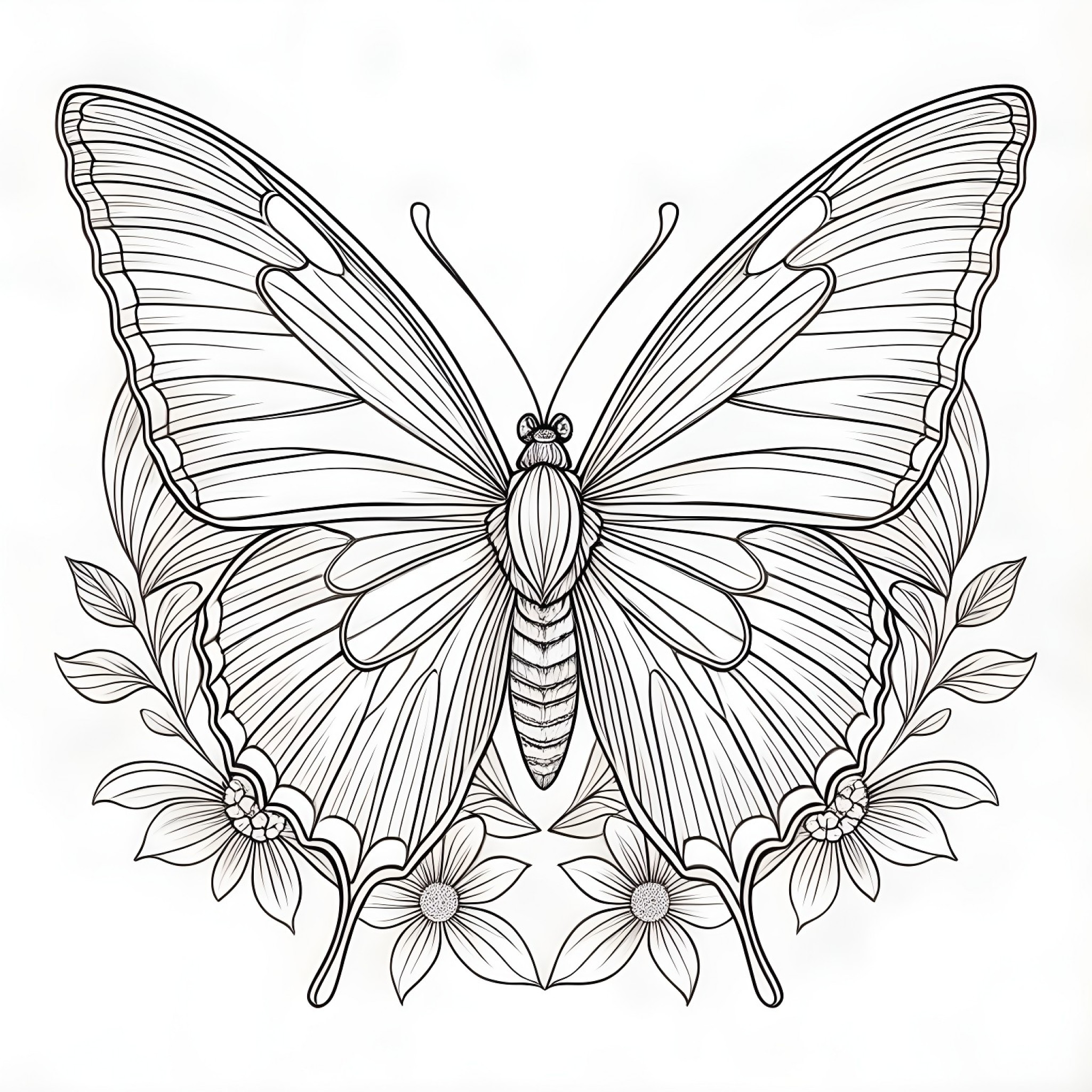 Butterfly on flowers Coloring Page (free black-and-white line drawing printable PDF for all, from beginners to advanced learners, including children, teens, adults, and seniors)