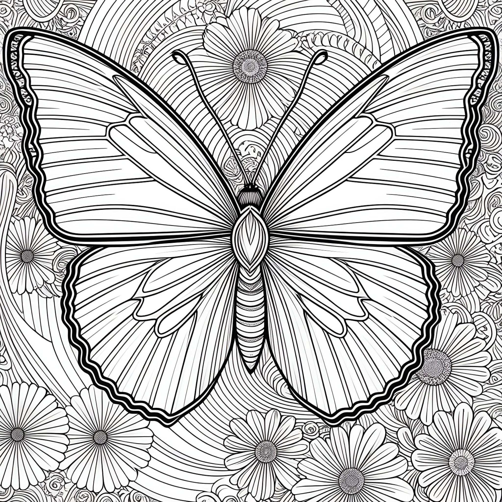 Butterfly on a psychedelic background Coloring Page (free black-and-white line drawing printable PDF for all, from beginners to advanced learners, including children, teens, adults, and seniors)