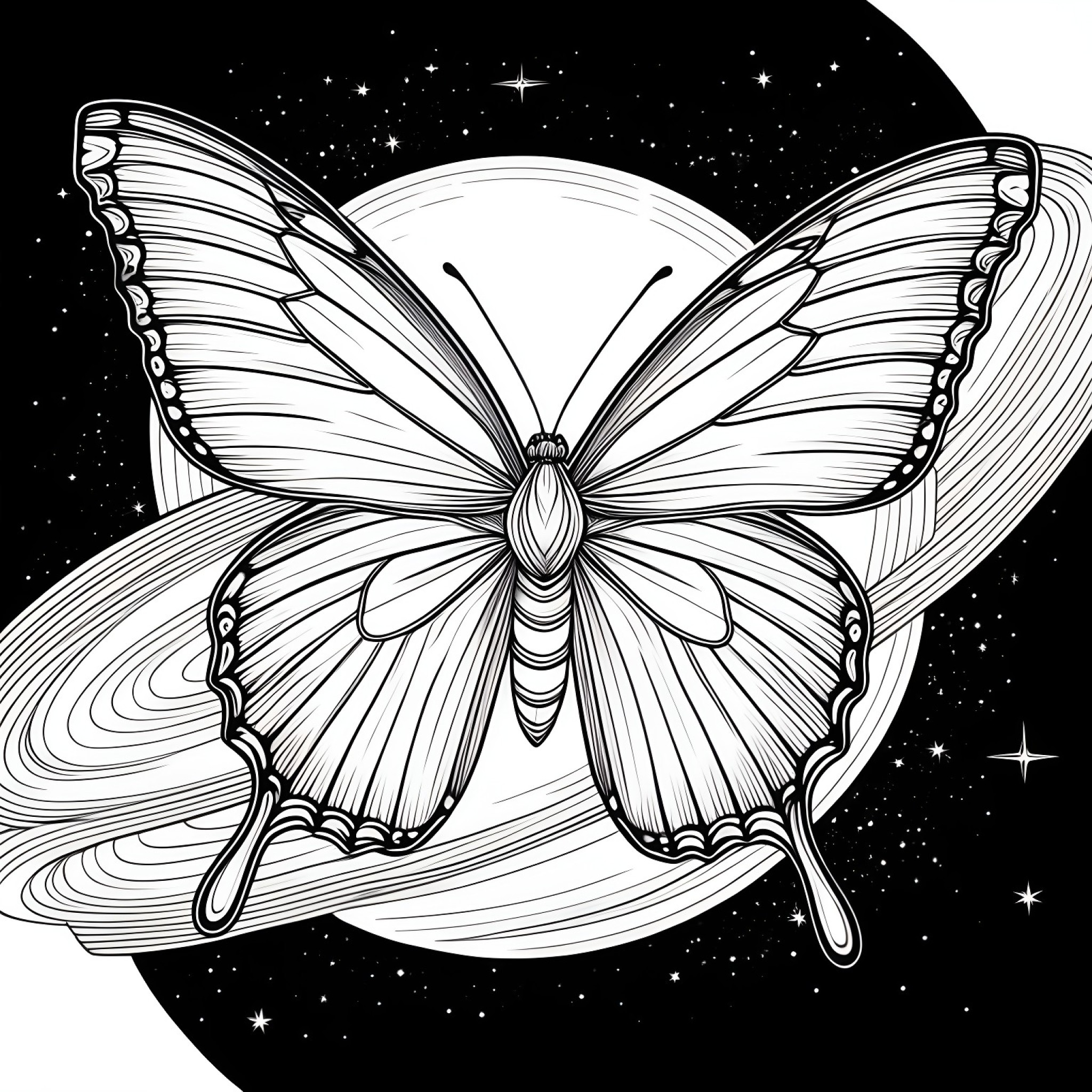 Butterfly floating in space Coloring Page (free black-and-white line drawing printable PDF for all, from beginners to advanced learners, including children, teens, adults, and seniors)