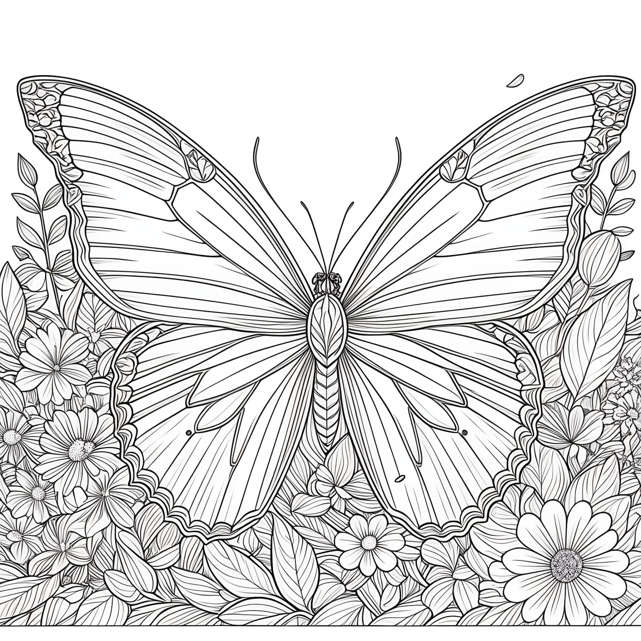 Butterfly in a garden Coloring Page (free black-and-white line drawing printable PDF for all, from beginners to advanced learners, including children, teens, adults, and seniors)