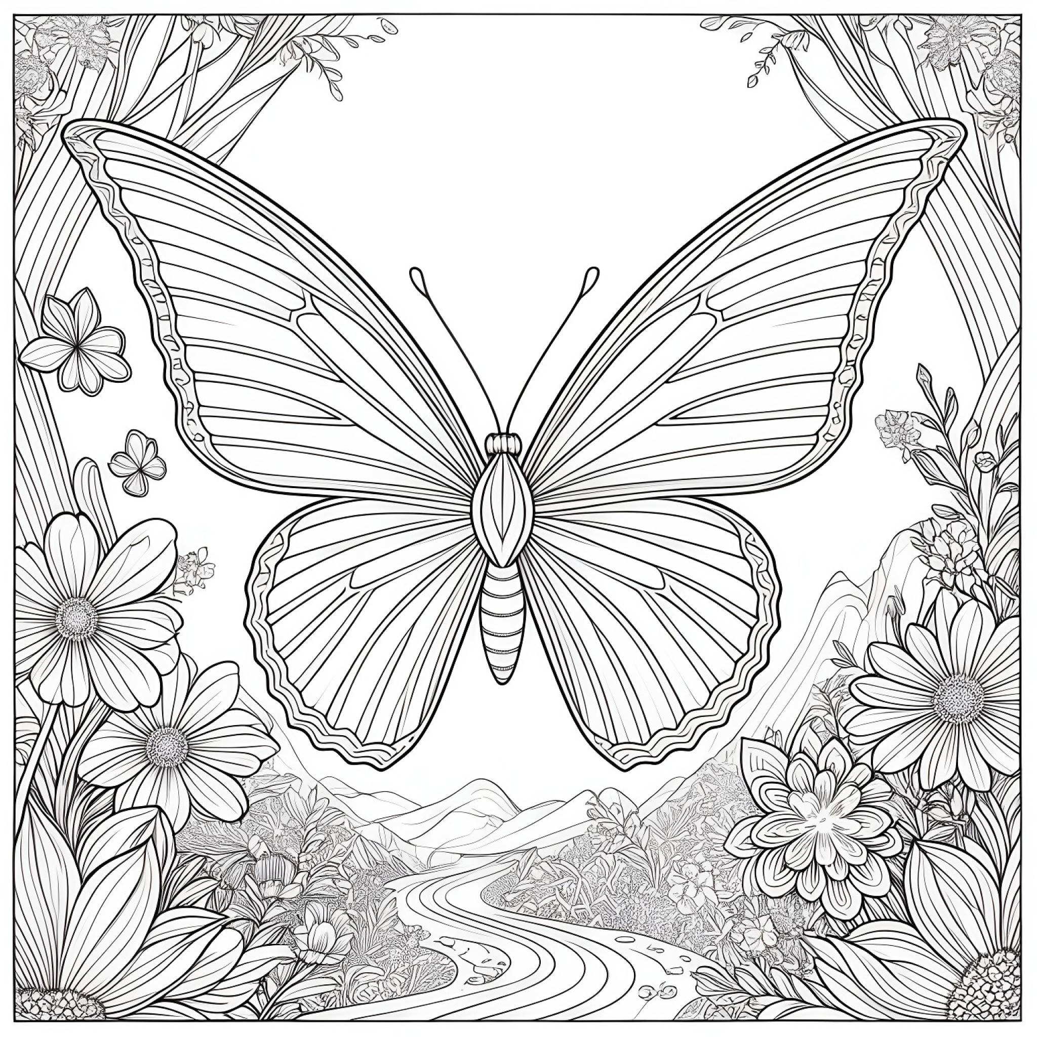 Butterfly in a magical forest Coloring Page (free black-and-white line drawing printable PDF for all, from beginners to advanced learners, including children, teens, adults, and seniors)