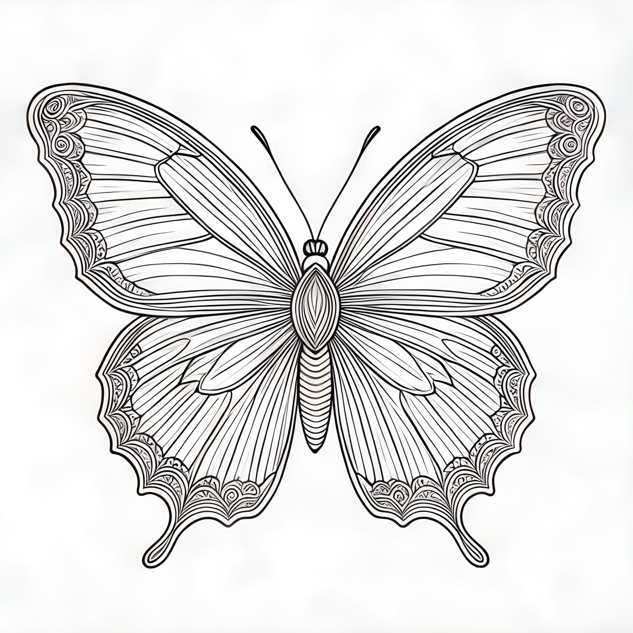 Butterfly in a mandala design Coloring Page (free black-and-white line drawing printable PDF for all, from beginners to advanced learners, including children, teens, adults, and seniors)