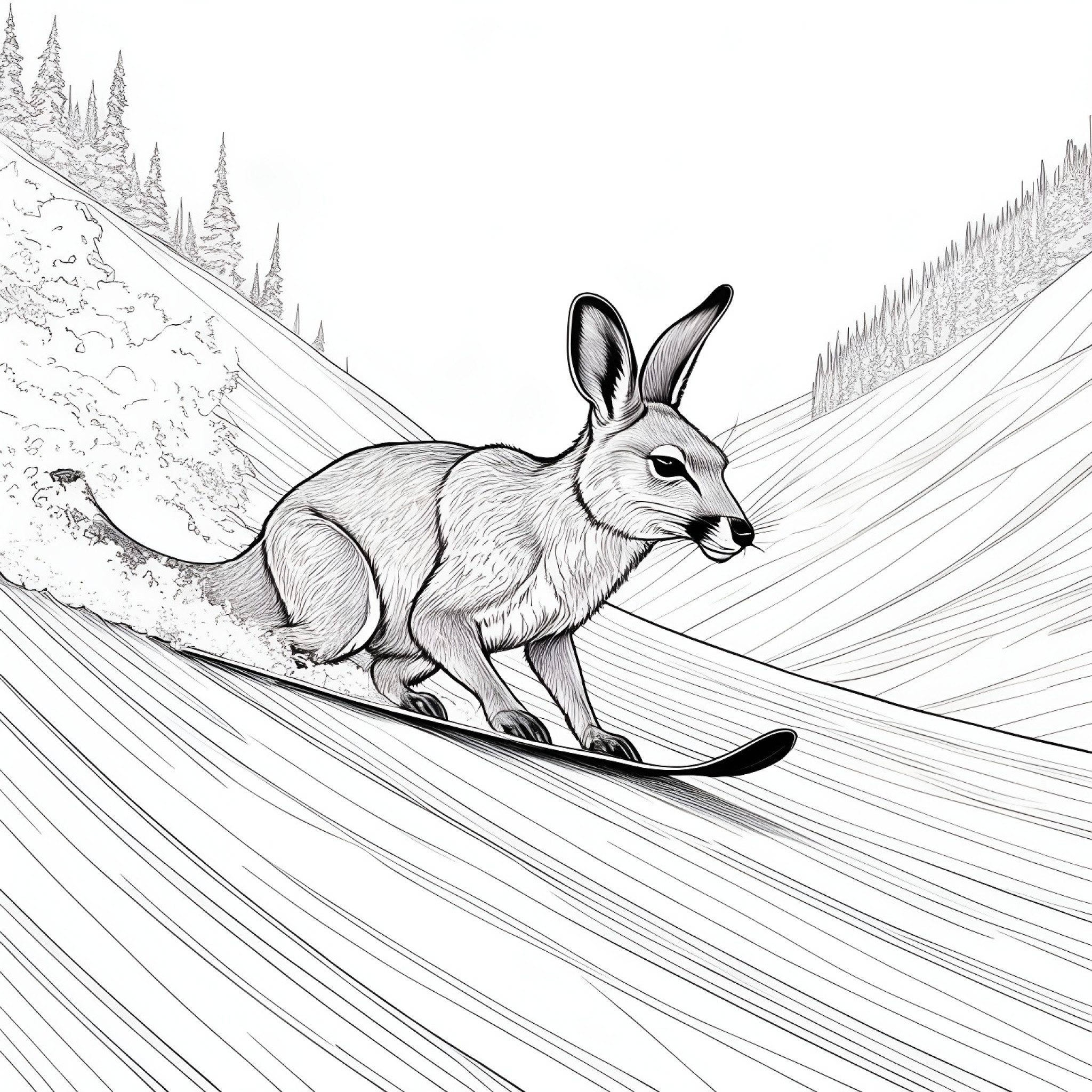 Kangaroo skiing down a slope Coloring Page (free black-and-white line drawing printable PDF for all, from beginners to advanced learners, including children, teens, adults, and seniors)
