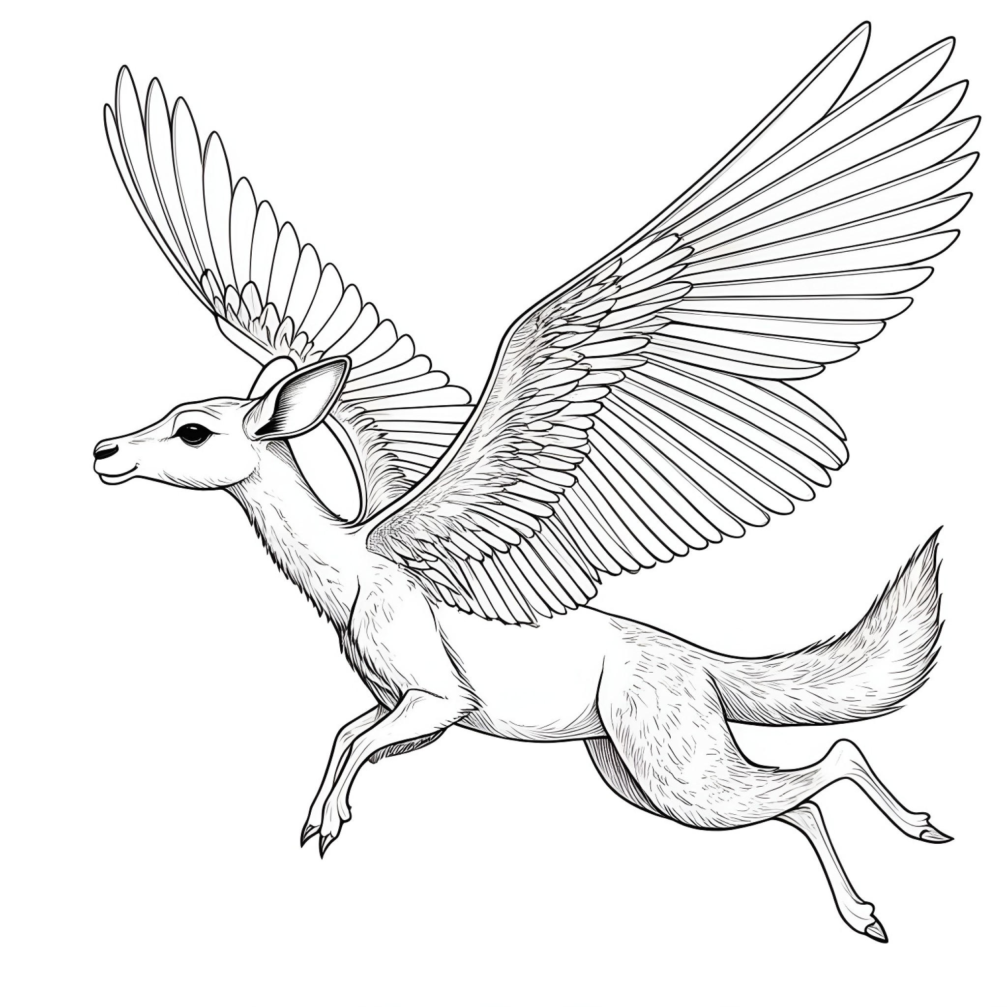 Kangaroo flying with wings Coloring Page (free black-and-white line drawing printable PDF for all, from beginners to advanced learners, including children, teens, adults, and seniors)