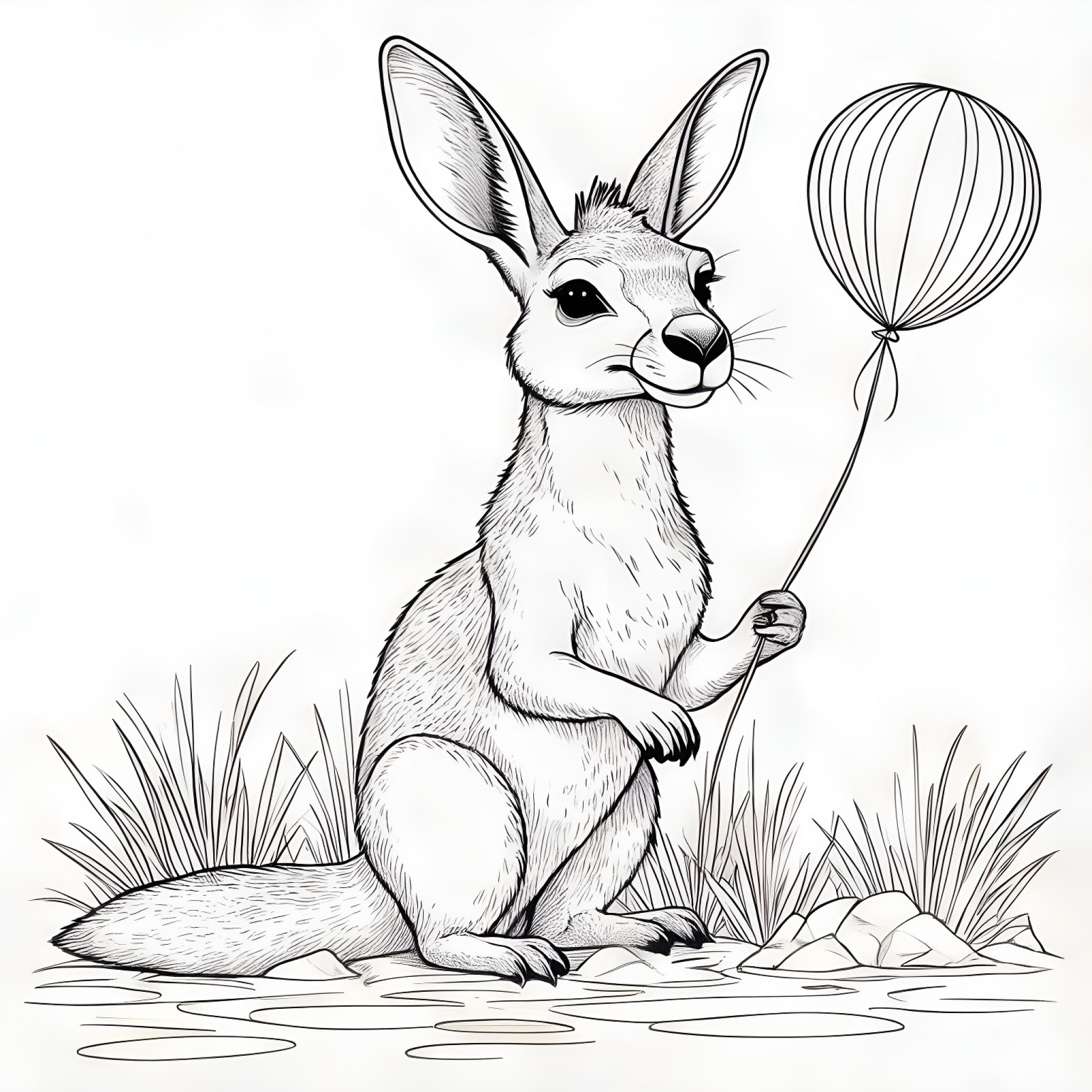 Kangaroo holding a balloon Coloring Page (free black-and-white line drawing printable PDF for all, from beginners to advanced learners, including children, teens, adults, and seniors)