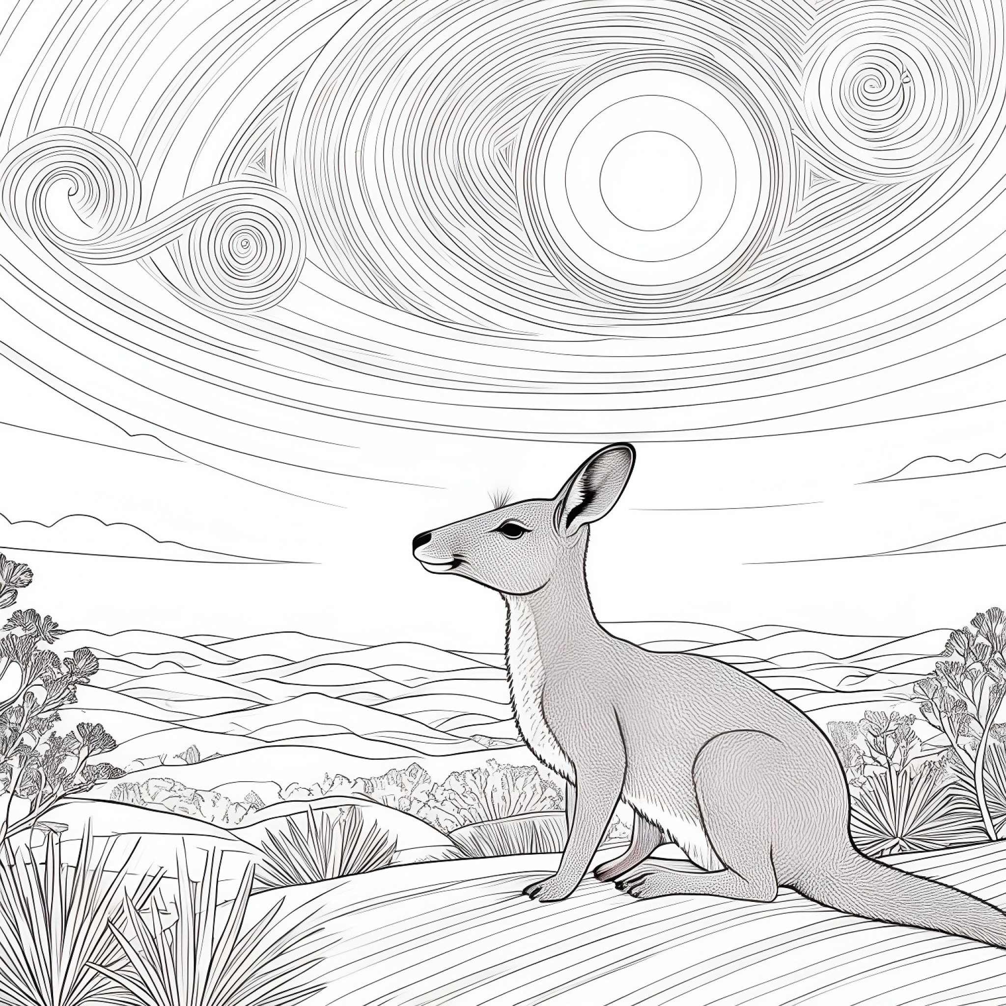 Kangaroo under the sky Coloring Page (free black-and-white line drawing printable PDF for all, from beginners to advanced learners, including children, teens, adults, and seniors)