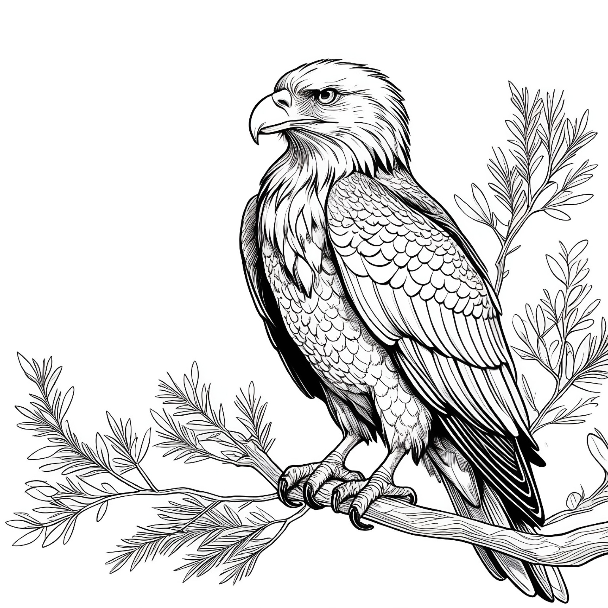 Eagle perched on branch Coloring Page (free black-and-white line drawing printable PDF for all, from beginners to advanced learners, including children, teens, adults, and seniors)