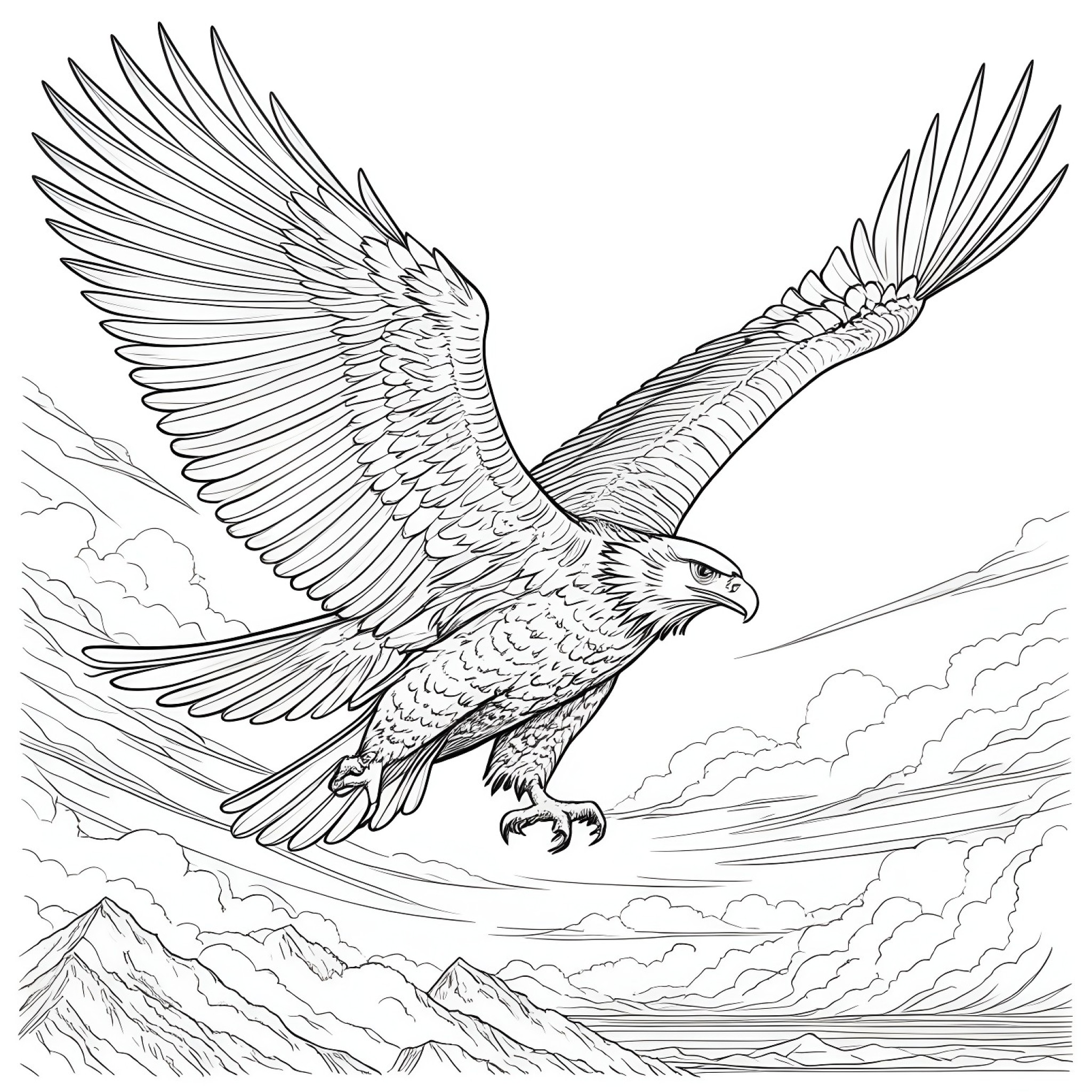 Eagle soaring in the sky Coloring Page (free black-and-white line drawing printable PDF for all, from beginners to advanced learners, including children, teens, adults, and seniors)