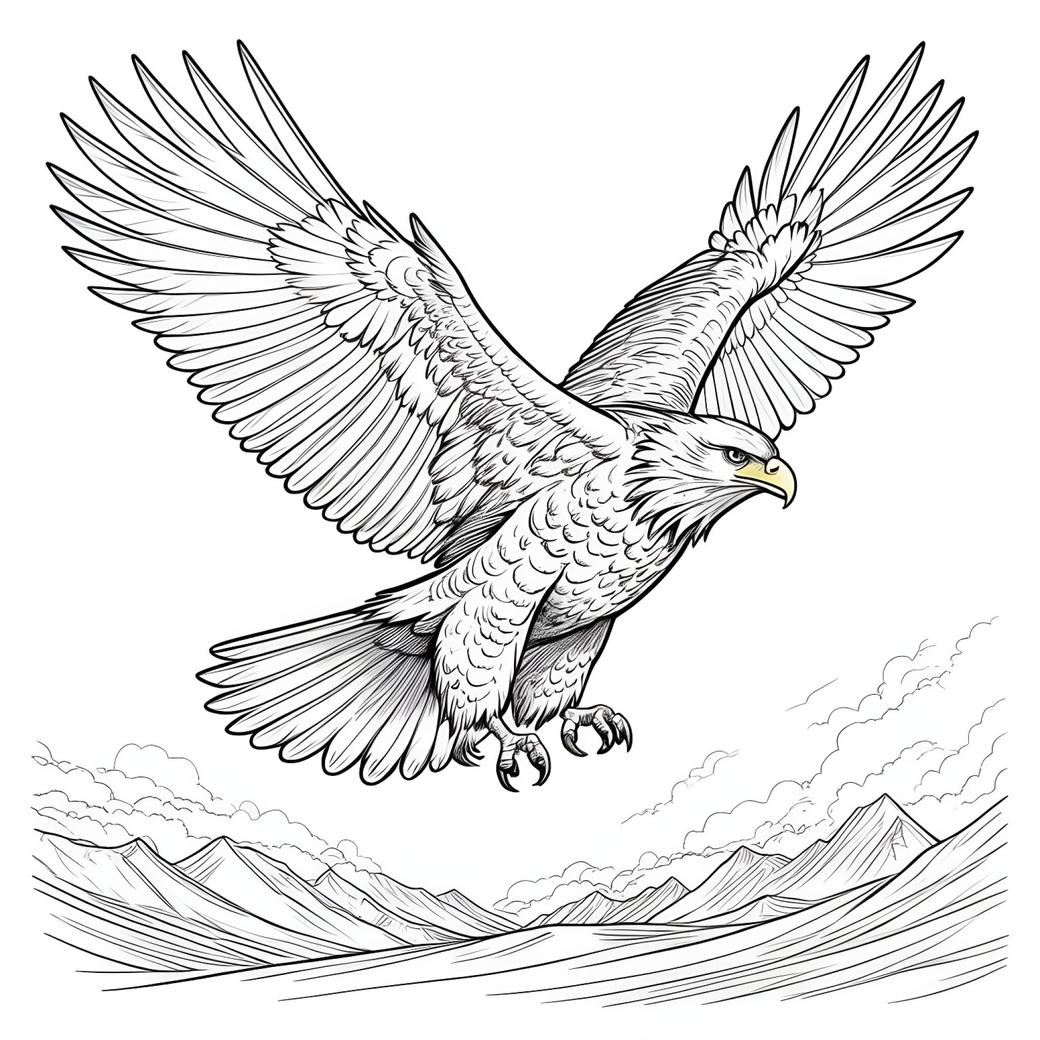 Eagle flying through mountains Coloring Page (free black-and-white line drawing printable PDF for all, from beginners to advanced learners, including children, teens, adults, and seniors)