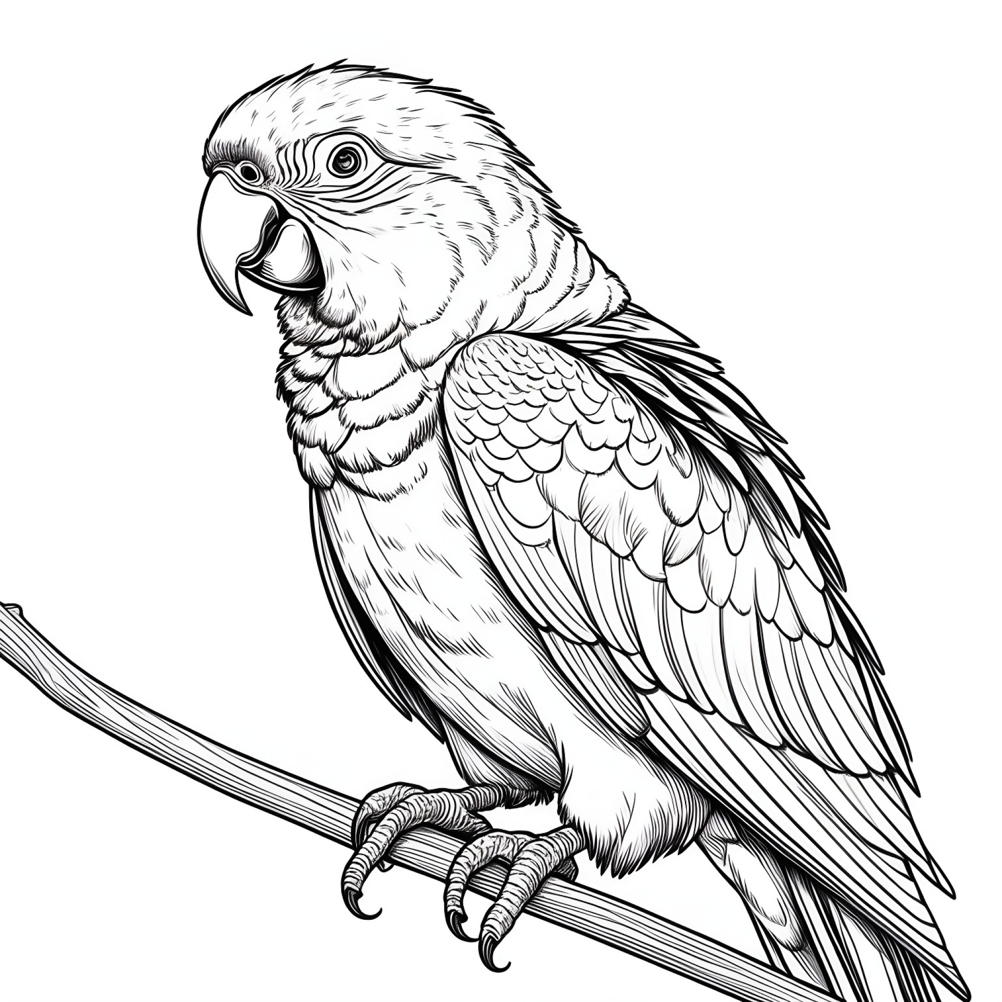 Parrot with a quizzical expression Coloring Page (free black-and-white line drawing printable PDF for all, from beginners to advanced learners, including children, teens, adults, and seniors)