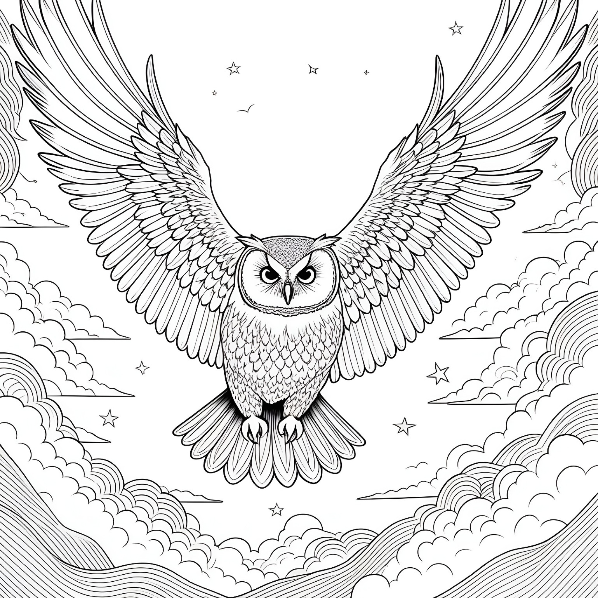 Owl flying in the night sky Coloring Page (free black-and-white line drawing printable PDF for all, from beginners to advanced learners, including children, teens, adults, and seniors)