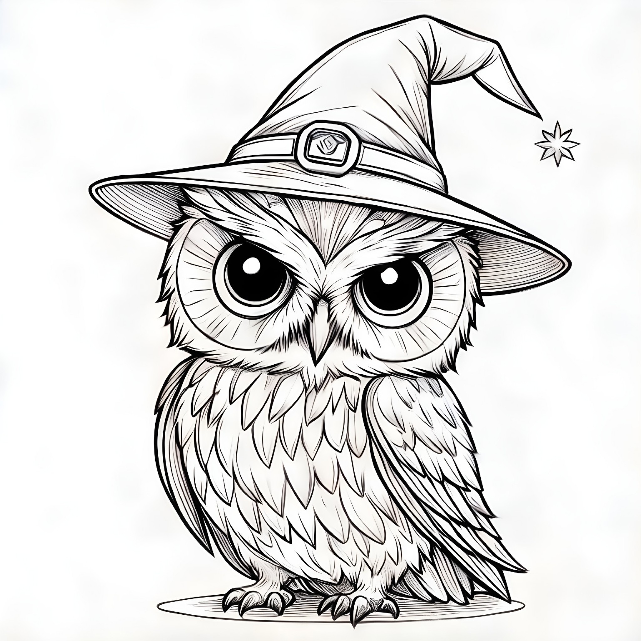 Owl wearing a wizard hat Coloring Page (free black-and-white line drawing printable PDF for all, from beginners to advanced learners, including children, teens, adults, and seniors)