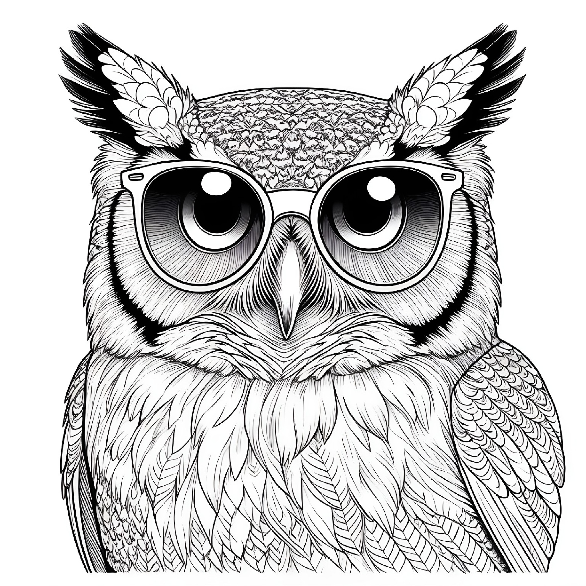 Owl wearing sunglasses Coloring Page (free black-and-white line drawing printable PDF for all, from beginners to advanced learners, including children, teens, adults, and seniors)