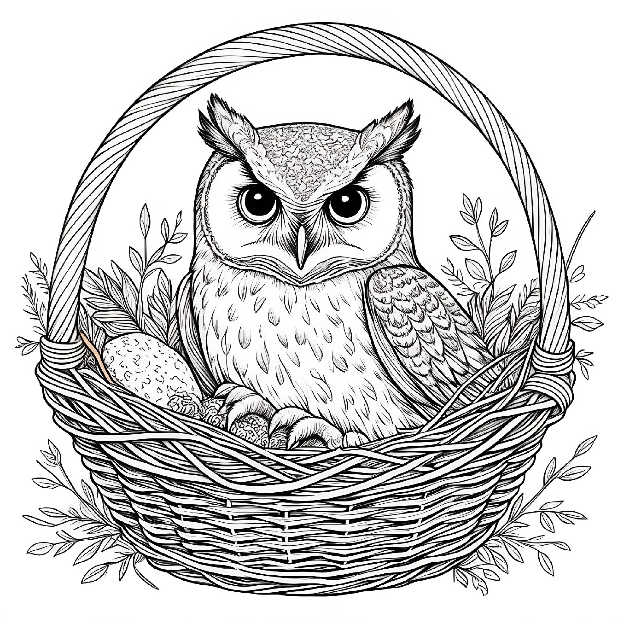 Owl in a cozy nest Coloring Page (free black-and-white line drawing printable PDF for all, from beginners to advanced learners, including children, teens, adults, and seniors)