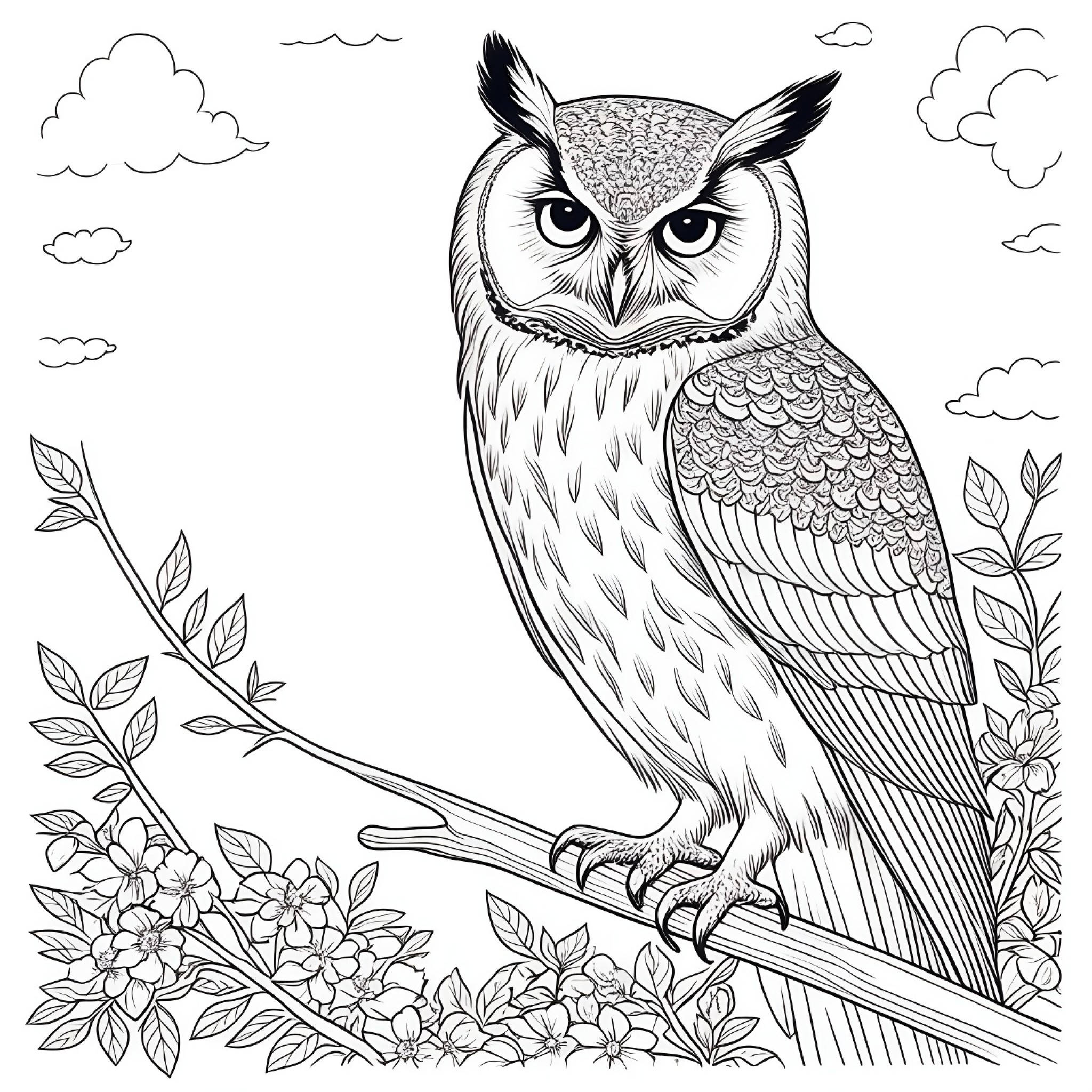 Owl on a branch Coloring Page (free black-and-white line drawing printable PDF for all, from beginners to advanced learners, including children, teens, adults, and seniors)