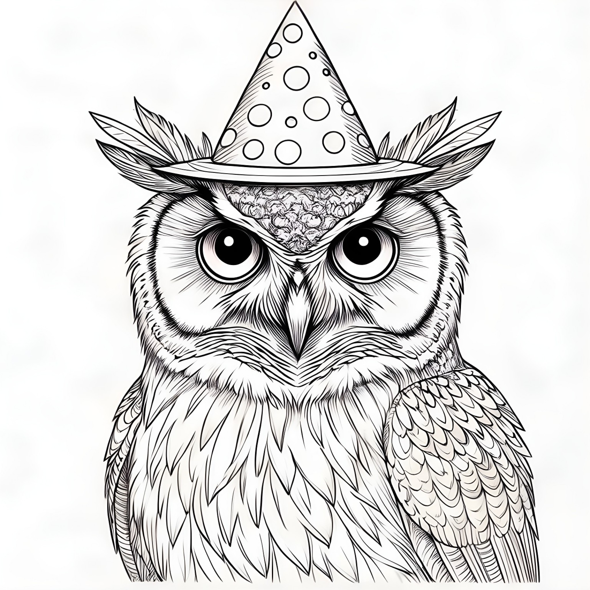 Owl wearing a party hat Coloring Page (free black-and-white line drawing printable PDF for all, from beginners to advanced learners, including children, teens, adults, and seniors)
