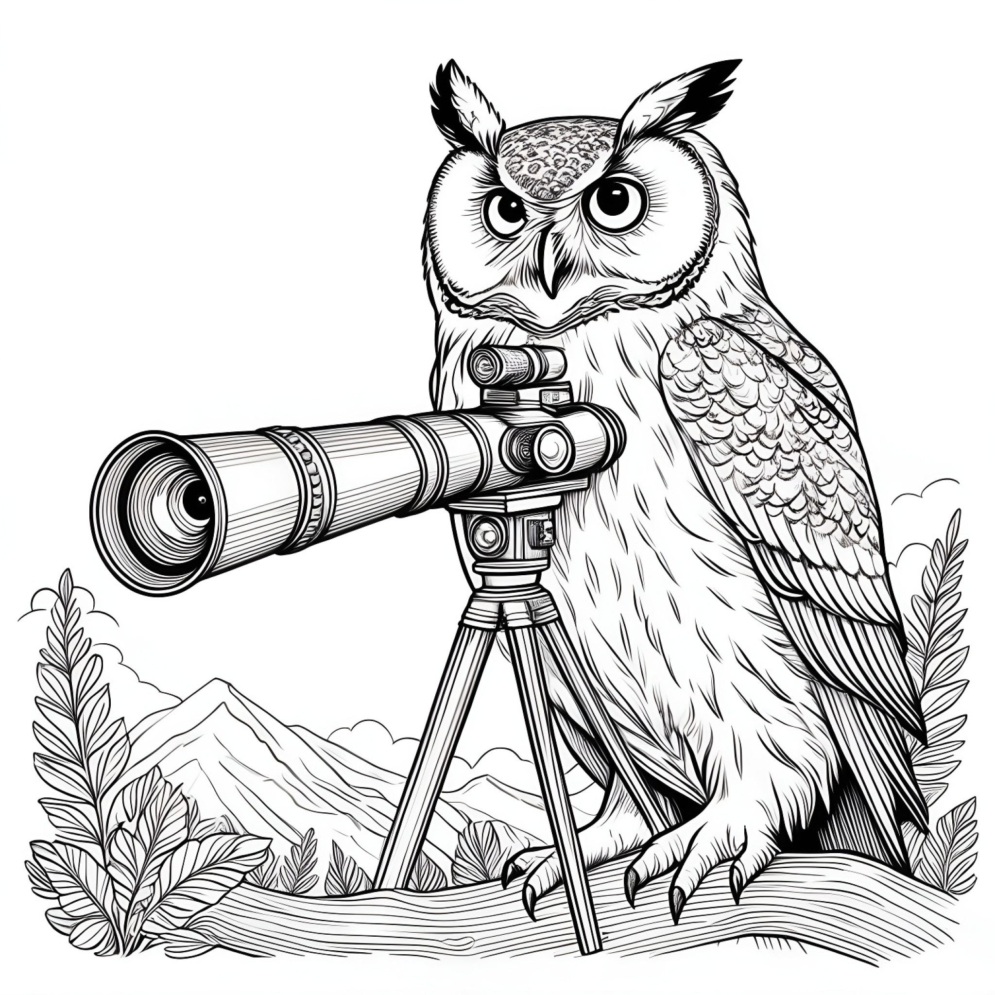 Owl with a telescope Coloring Page (free black-and-white line drawing printable PDF for all, from beginners to advanced learners, including children, teens, adults, and seniors)