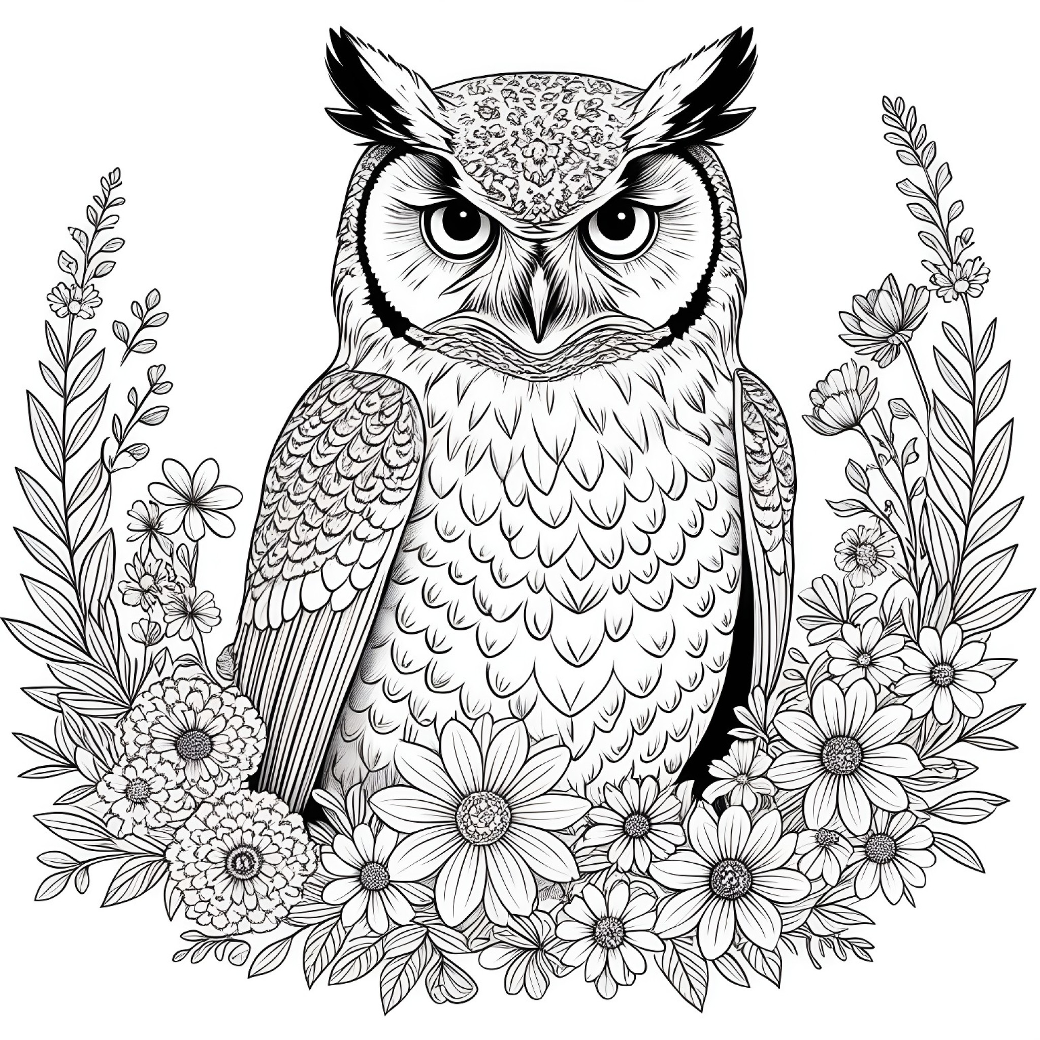 Owl surrounded by flowers Coloring Page (free black-and-white line drawing printable PDF for all, from beginners to advanced learners, including children, teens, adults, and seniors)