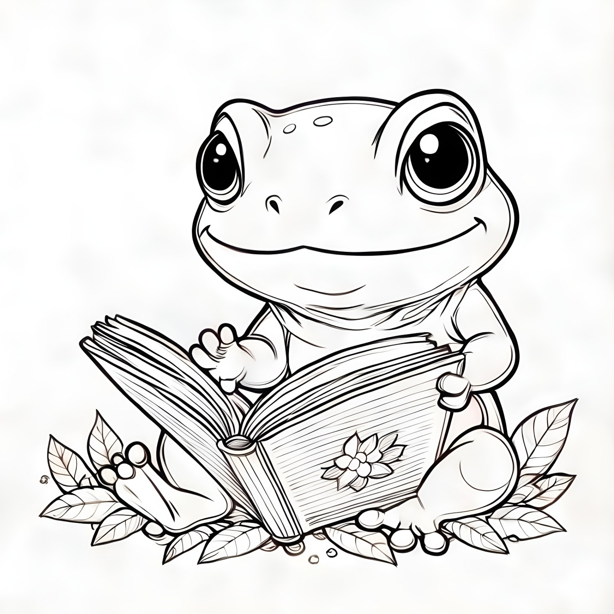 Frog reading a book Coloring Page (free black-and-white line drawing printable PDF for all, from beginners to advanced learners, including children, teens, adults, and seniors)