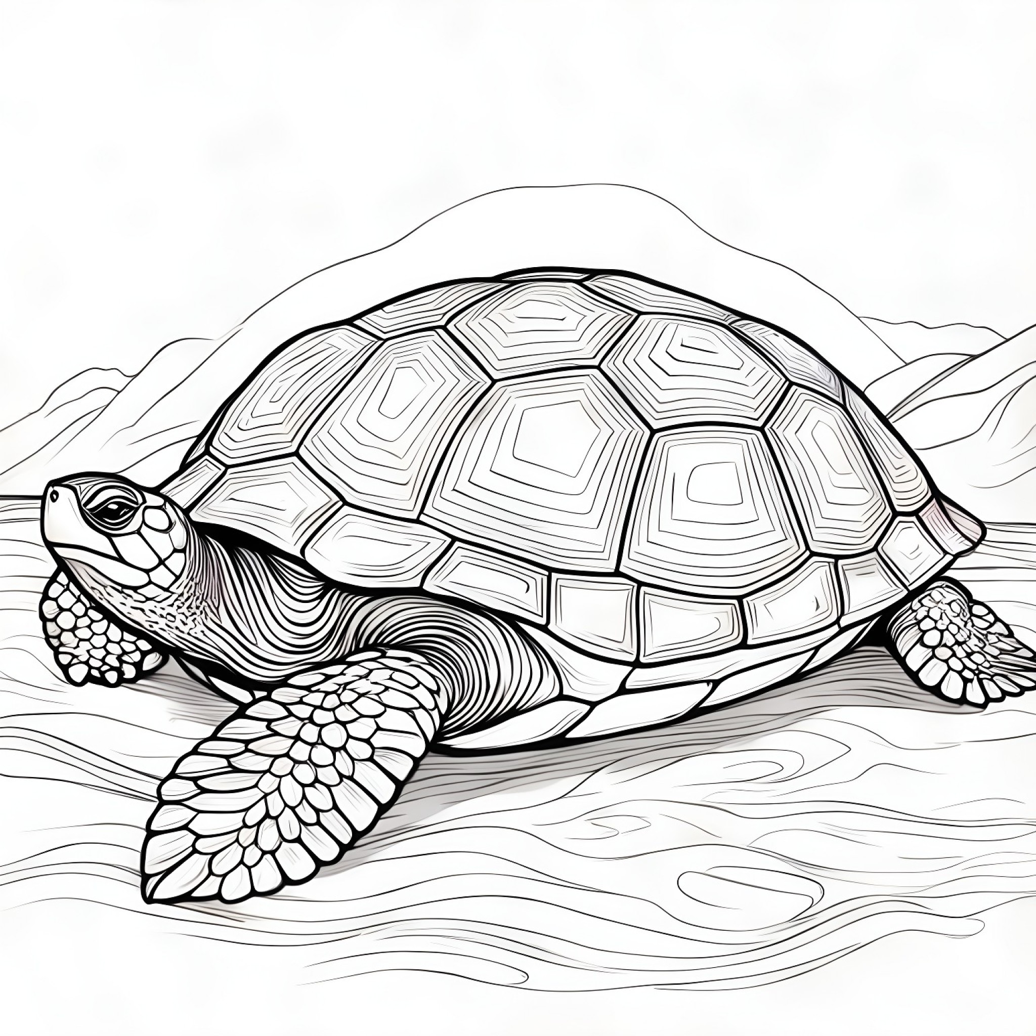 Turtle crawling Coloring Page (free black-and-white line drawing printable PDF for all, from beginners to advanced learners, including children, teens, adults, and seniors)