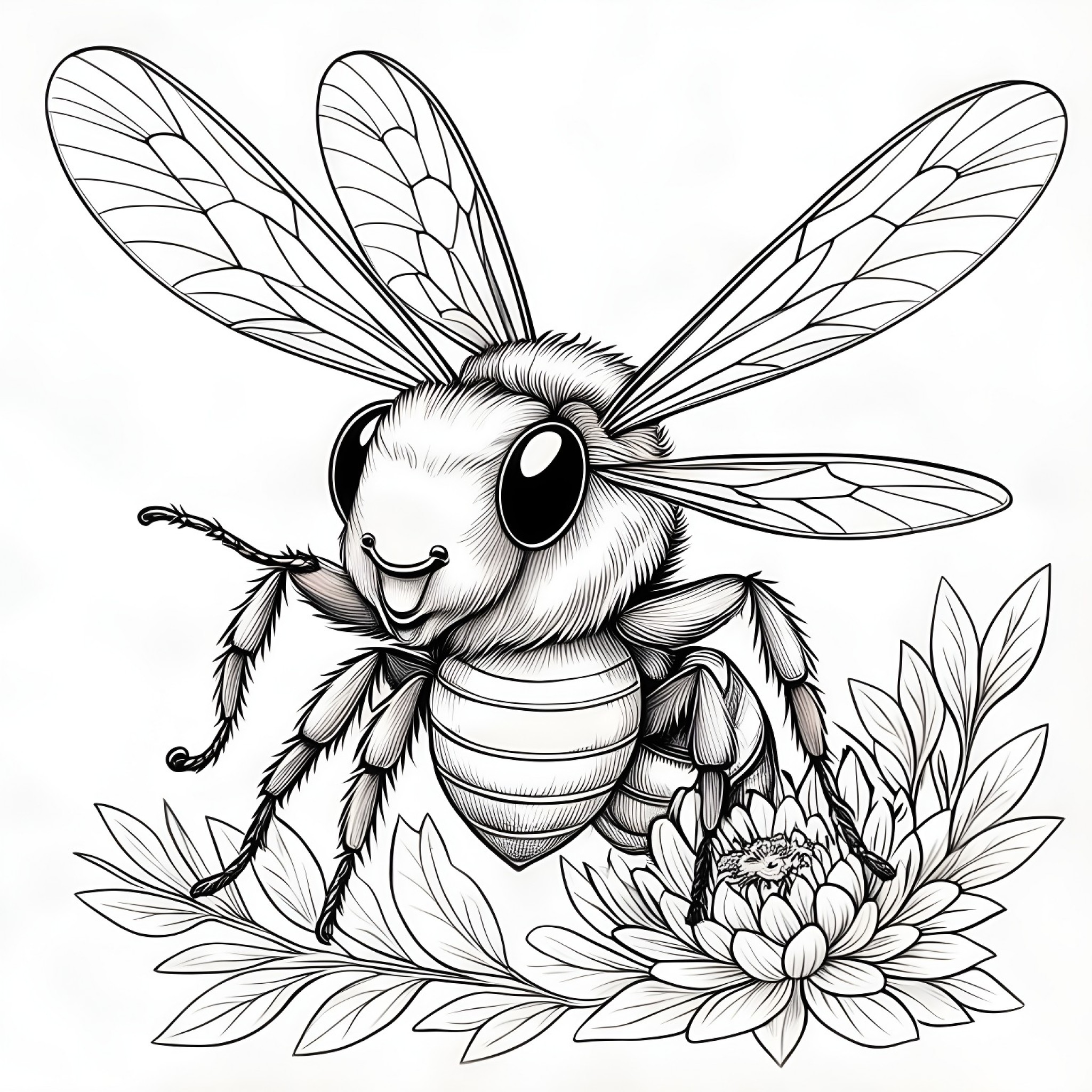 Bee in a playful pose Coloring Page (free black-and-white line drawing printable PDF for all, from beginners to advanced learners, including children, teens, adults, and seniors)