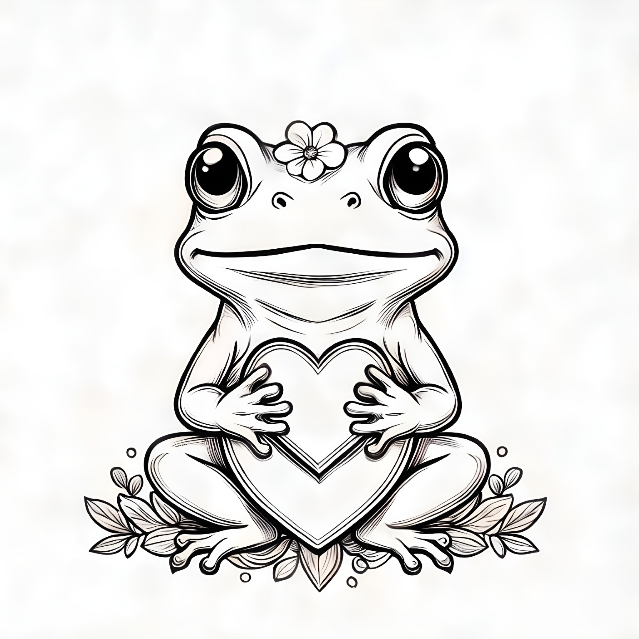 Frog holding a heart Coloring Page (free black-and-white line drawing printable PDF for all, from beginners to advanced learners, including children, teens, adults, and seniors)