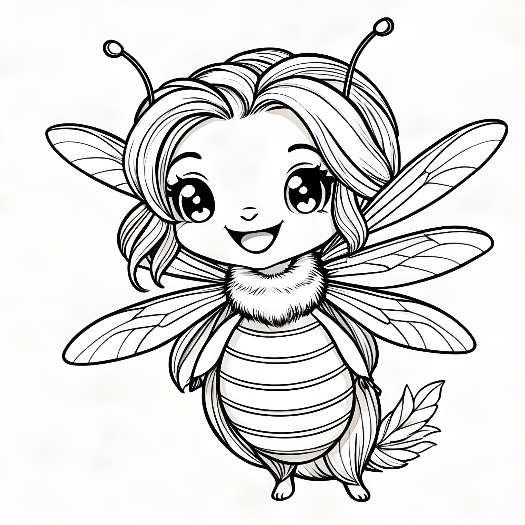 Bee with a happy smile Coloring Page (free black-and-white line drawing printable PDF for all, from beginners to advanced learners, including children, teens, adults, and seniors)