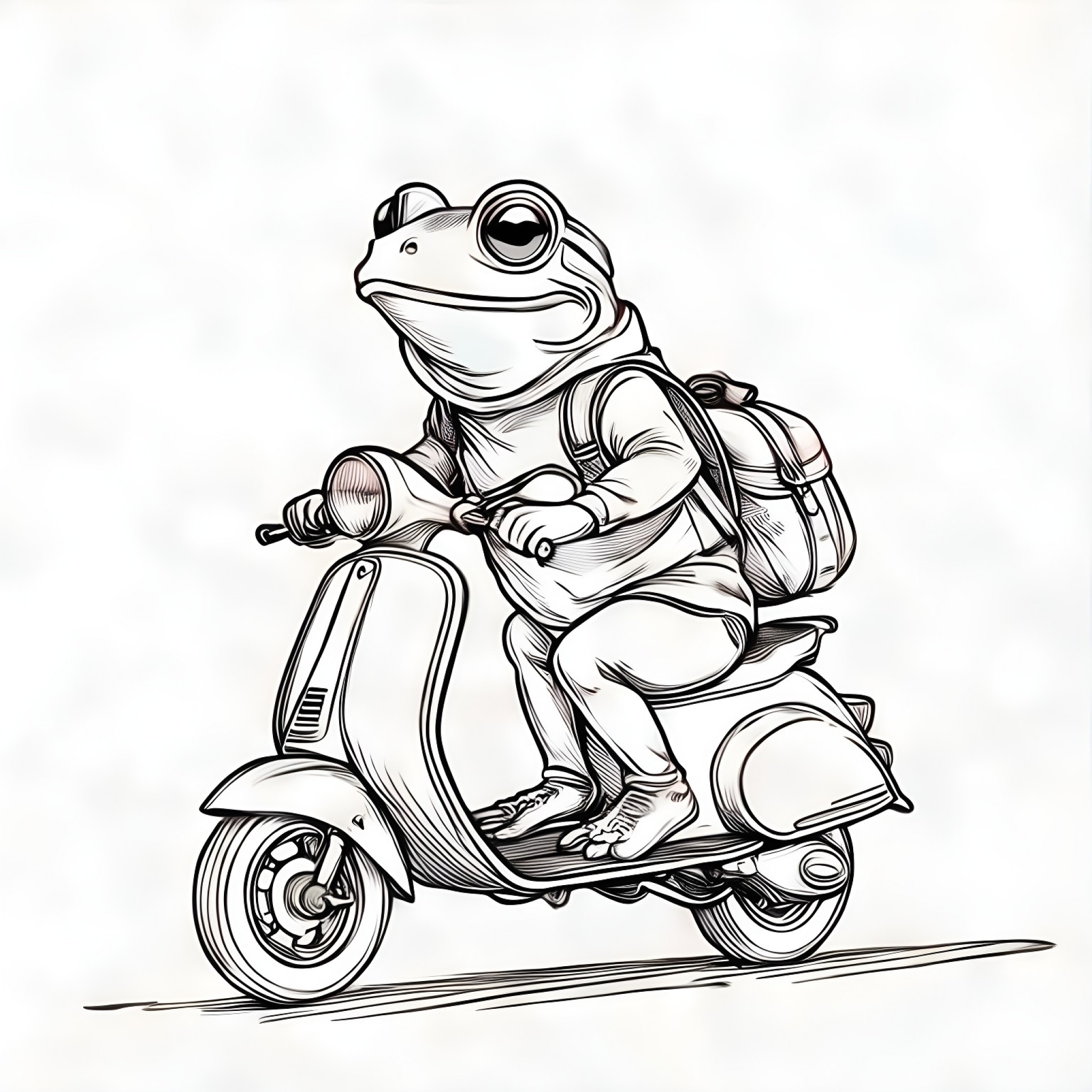 Frog riding a scooter Coloring Page (free black-and-white line drawing printable PDF for all, from beginners to advanced learners, including children, teens, adults, and seniors)
